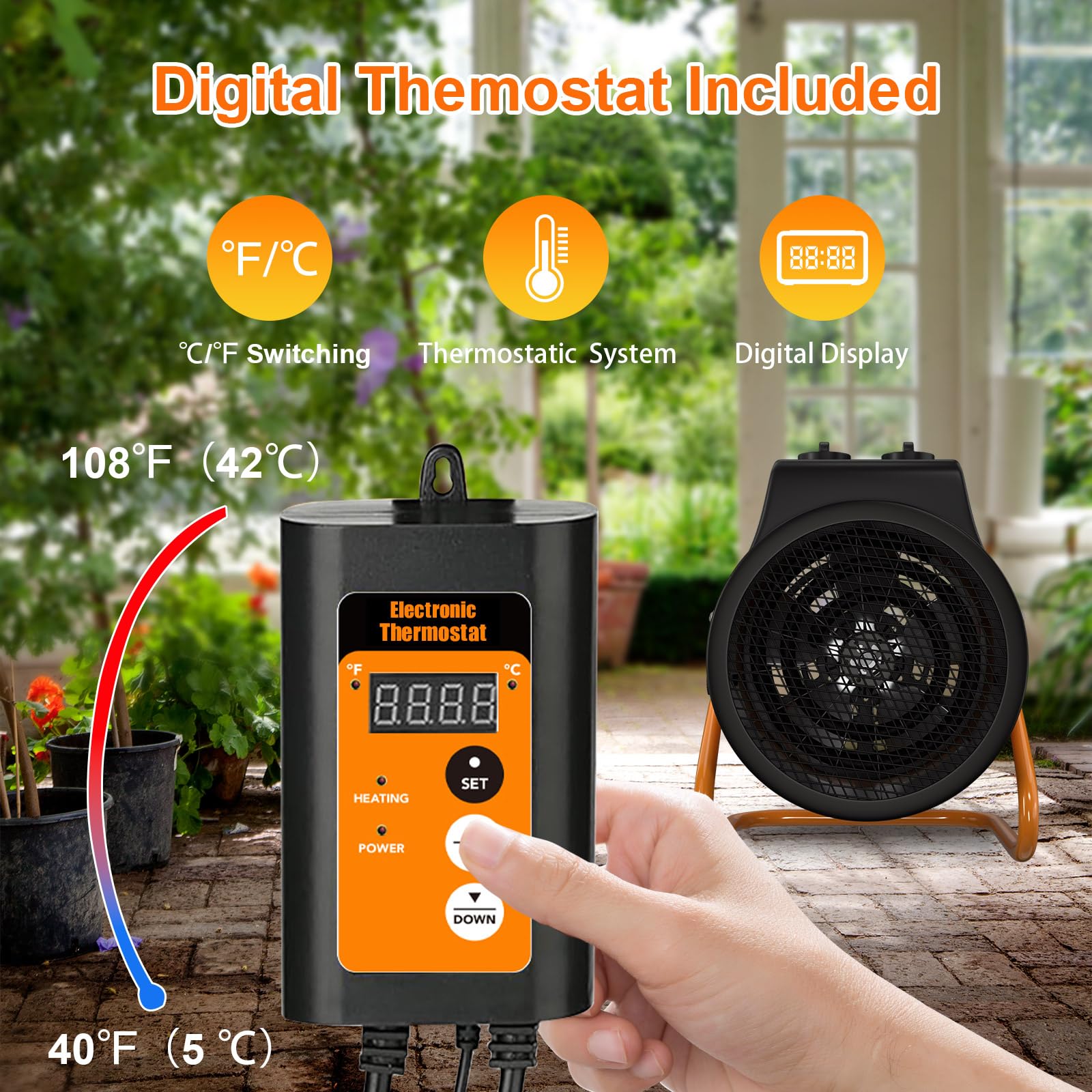 1500W Greenhouse Heater with Digital Thermostat - Fast Heating Electric Space Heater for Outdoor Use, Portable Heater with Overheat Protection for Grow Tents, Flower Rooms, Camping & Home Greenhouses - Perfect for Winter Plant Care & Indoor Gardening