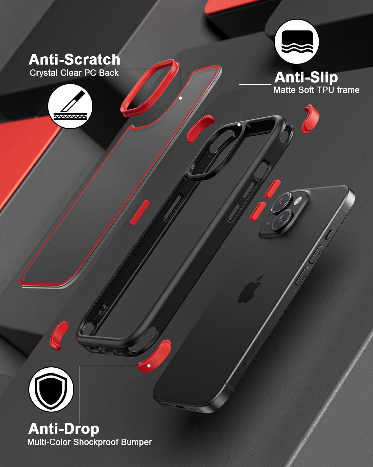 Premium Shockproof iPhone 15 Case - Crystal Clear Anti-Yellowing Hard PC Back & Soft Silicone TPU Bumper (Black/Red) - Drop Protection & Scratch Resistance for Everyday Use, Travel & Outdoor Activities