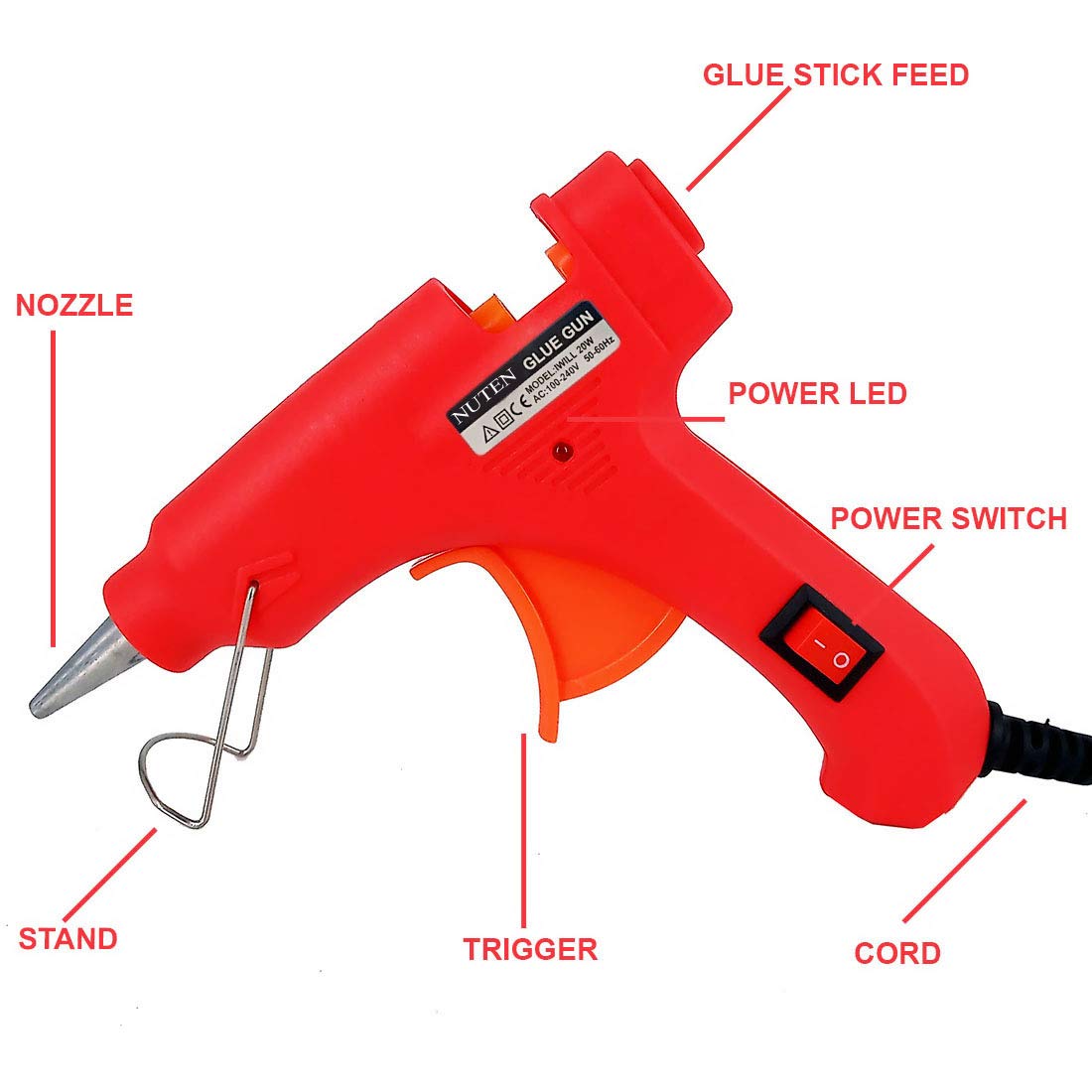 NUTEN 20W 7mm Hot Melt Glue Gun with On/Off Switch & LED Indicator - Includes 5 Free Glue Sticks (Red) - Perfect for DIY Crafts, Home Repairs, and Arts Projects