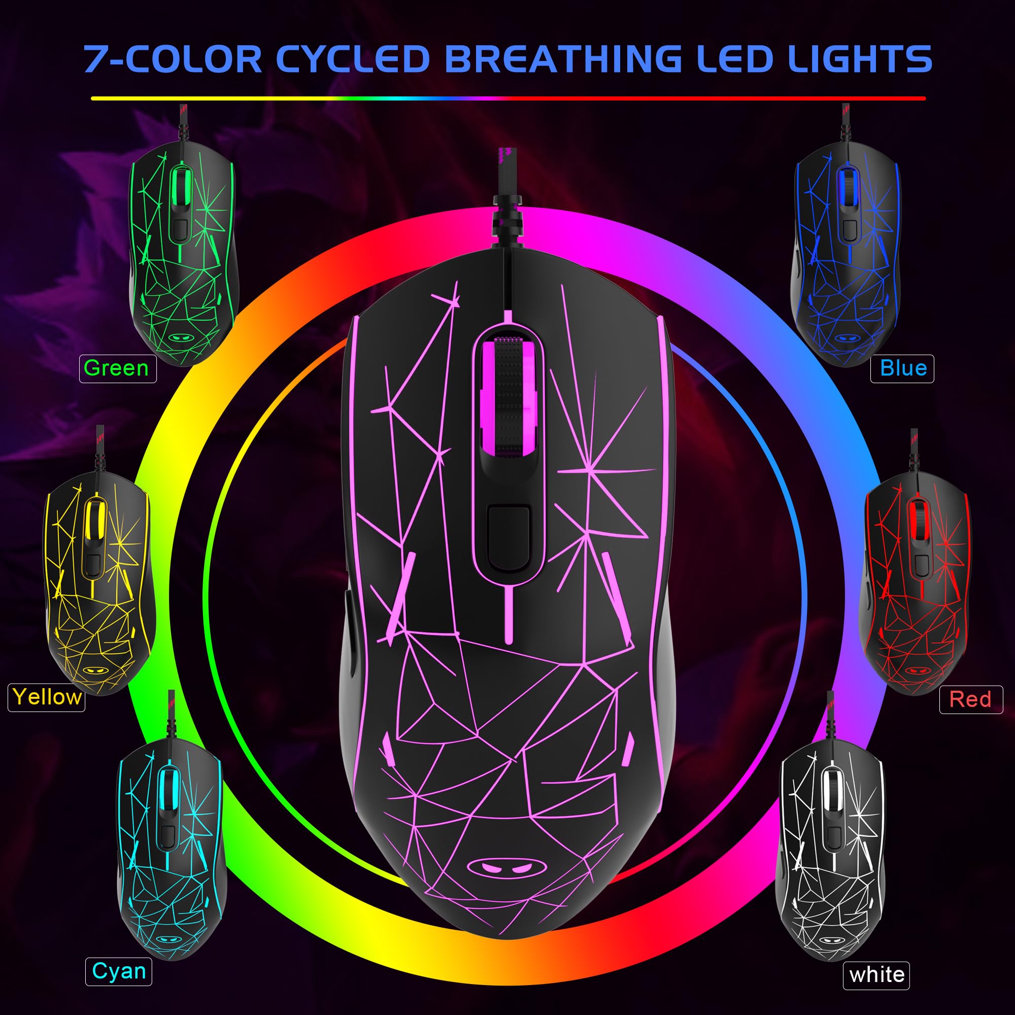 MageGee G6 Wired Gaming Mouse - Ergonomic USB Optical Mouse with 7-Color RGB Backlit, 6 Adjustable DPI Levels (600-3200) for PC, Laptop, Gaming & Office Work | Perfect for FPS, MOBA Games & Productivity | Black