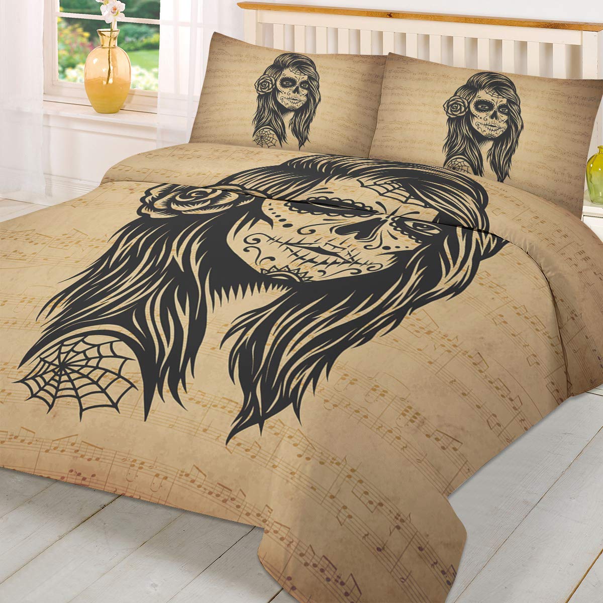 Premium 100% Washed Microfiber Duvet Cover Set - 3 Piece Luxury Soft Bedding Collection | Ultra Soft Organic All-Season Comforter Cover for Full/Queen Size Bed | Vintage Skull & Floral Design | Perfect for Home, Hotel & Teen Girl's Bedroom Decor