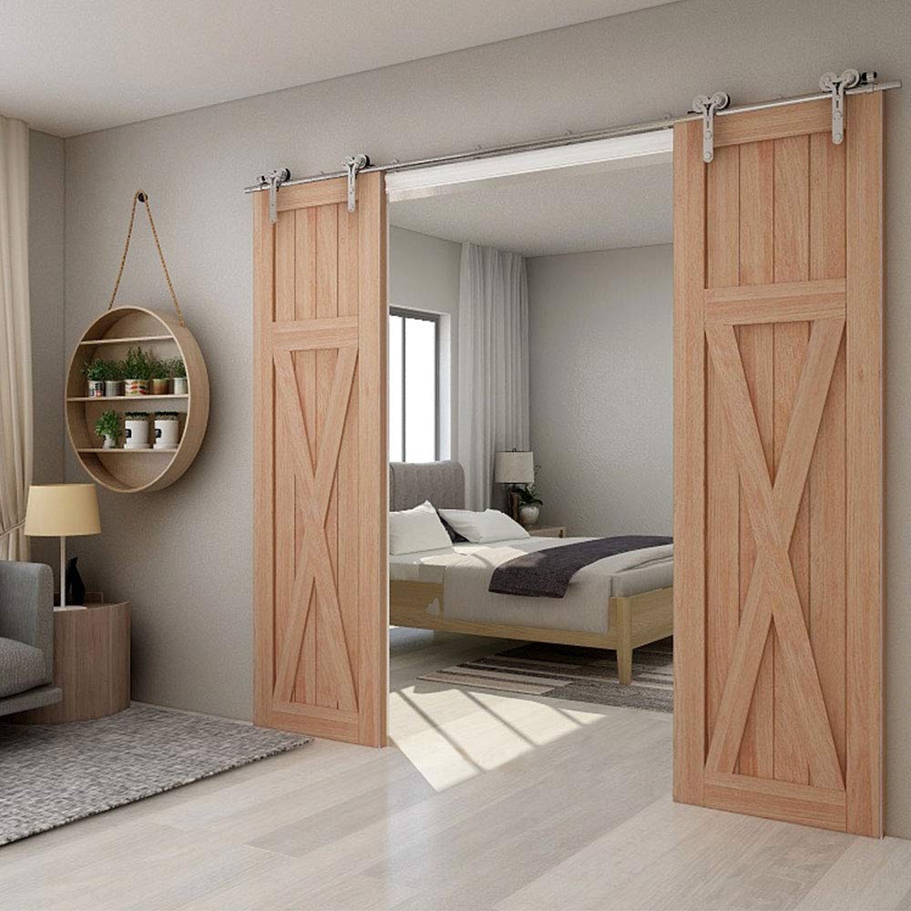 TSMST 10FT Heavy Duty Stainless Steel Sliding Barn Door Hardware Kit - Smooth & Quiet Y-Style Track System for Double Wood Doors | Perfect for Home Offices, Bedrooms & Rustic Interior Designs