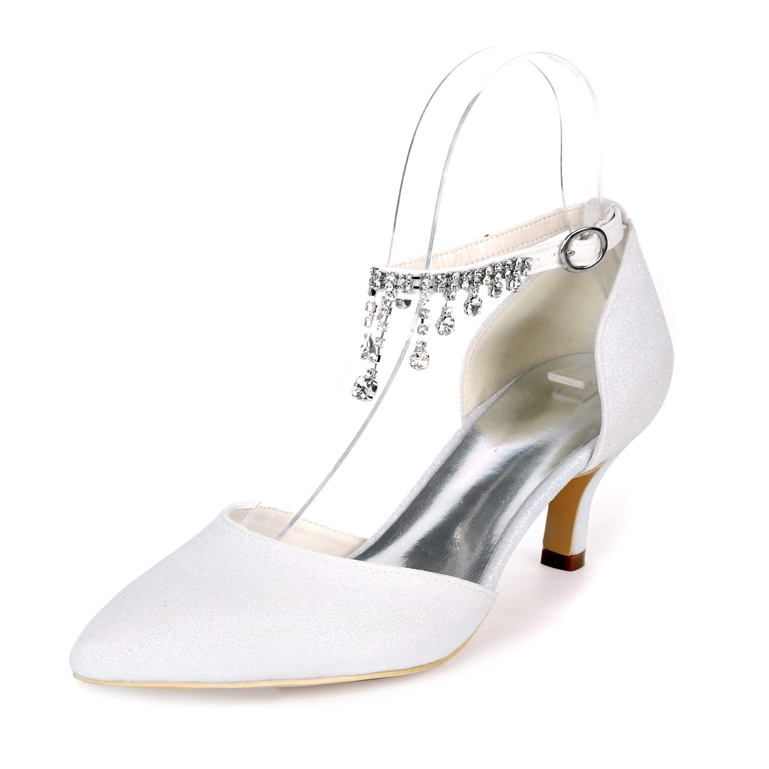 Elegant White Wedding Shoes for Women - Pointed Toe Kitten Heel Glitter Pumps with Ankle Strap | Perfect for Bridal, Evening Party, Prom & Special Occasion Dress Shoes