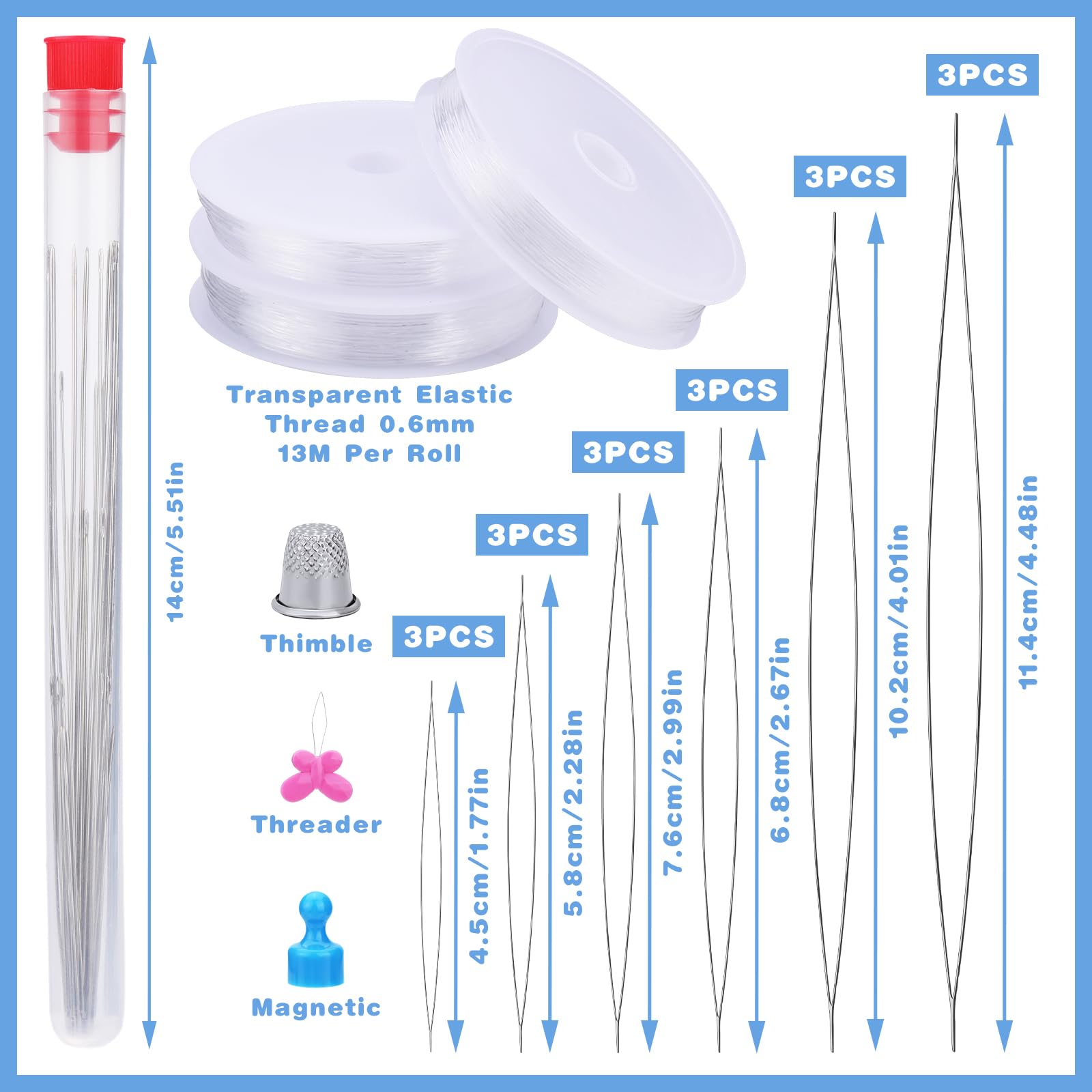 24 PCS Stainless Steel Beading Needles Set - 6 Sizes Big Eye Jewelry Needles with 3 Rolls Clear Elastic Thread for DIY Bracelets, Necklaces & Crafting | Perfect for Beading, Sewing & Jewelry Making Projects