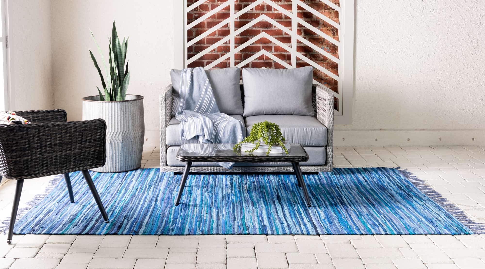 Unique Loom Handwoven Chindi Cotton Striped Area Rug - 9x12 Feet Navy Blue & Ivory - Natural Fiber Soft Floor Mat for Living Room, Bedroom, or Boho Home Decor