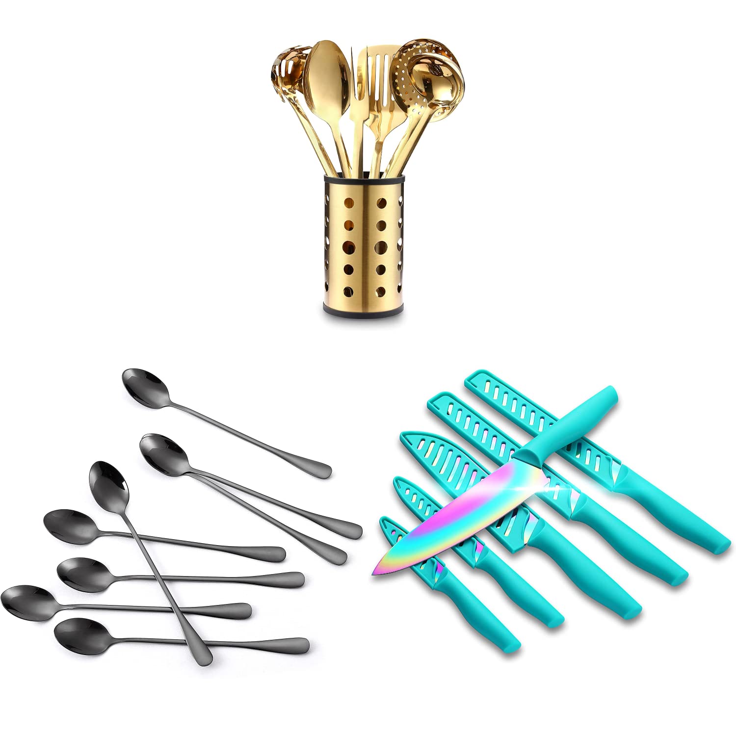 Premium 12-Piece Stainless Steel Kitchen Knife Set with Sheath + Titanium Coated Utensil Set - Durable Cooking Tools for Professional Chefs & Home Cooks - Perfect for Slicing, Dicing, Meal Prep & Gourmet Cooking