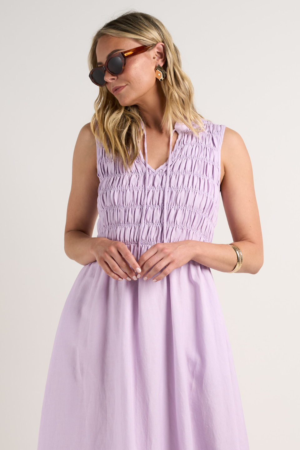 Lilac Sleeveless Split Neck Shirred Midi Dress for Women - Summer Casual Flowy Dress for Beach, Party & Vacation