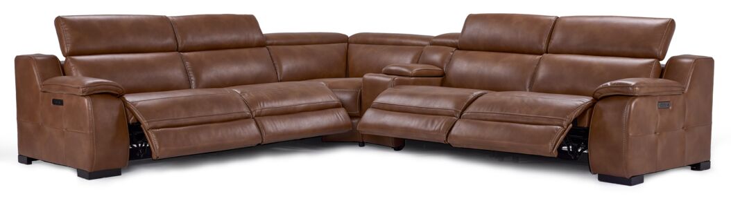 Corsica 6-Piece Dual Power Reclining Sectional Sofa Set with USB Chargers - Brown Leather Living Room Furniture for Home Theater & Family Gatherings