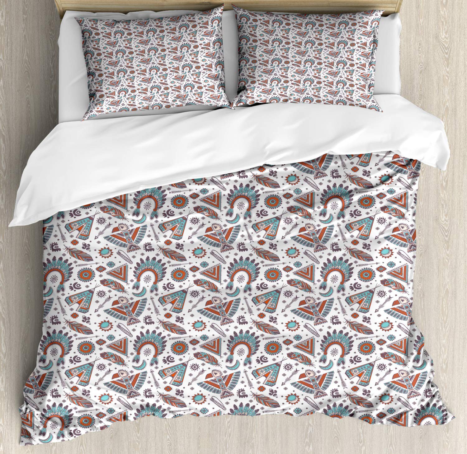 Lunarable Tribal Duvet Cover Set - King Size 2 Pack with 2 Duvet Covers & 4 Pillowcases | Abstract Bird Feather Tent Chief Hat Design in Dimgray Orange Seafoam | Perfect for Bohemian Bedroom Decor, Guest Room Makeover & Unique Home Styling