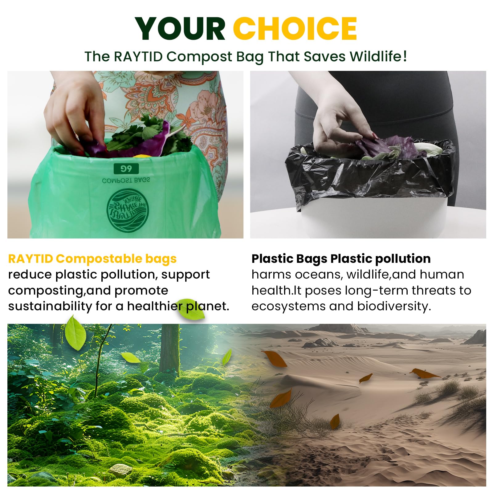 Eco-Friendly Compostable Trash Bags - 6 Gallon (30 Liter) Heavy Duty 0.85 Mils for Food Scraps & Yard Waste | Fits 5-6-8 Gallon Kitchen Trash Cans | 100 Count Pack | ASTM D6400 Certified, BPI & OK Compost HOME Certified | Perfect for Sustainable Kitchen Waste Disposal & Organic Gardening