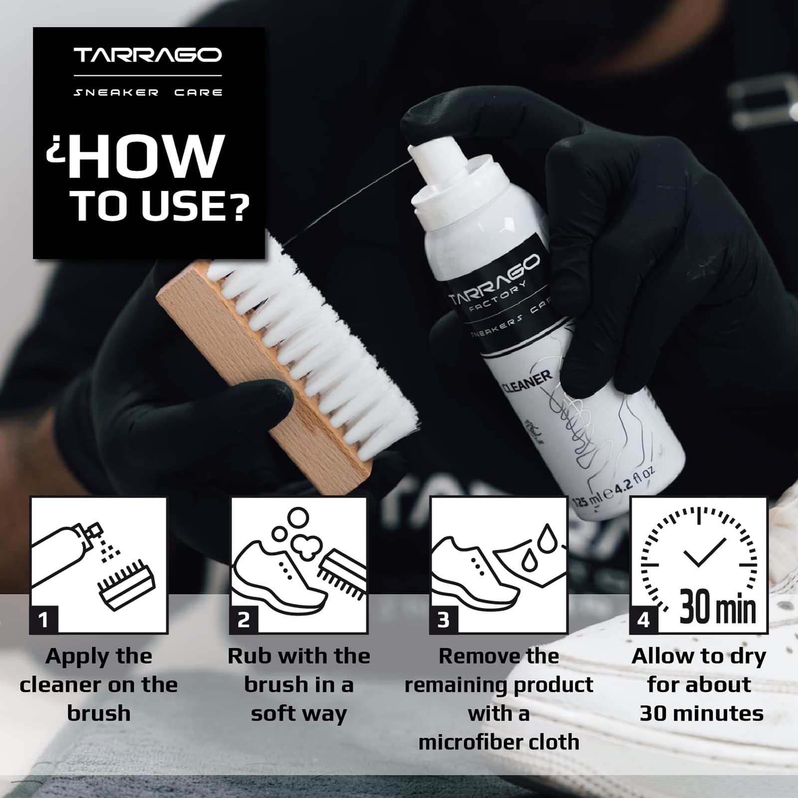 Tarrago Sneaker Care Cleaner Spray - Effective Shoe Cleaner for Suede, Leather, Nubuck, Canvas & More | 4.2 fl.oz Aluminum Bottle | Perfect for Daily Cleaning, Stain Removal & Sneaker Maintenance