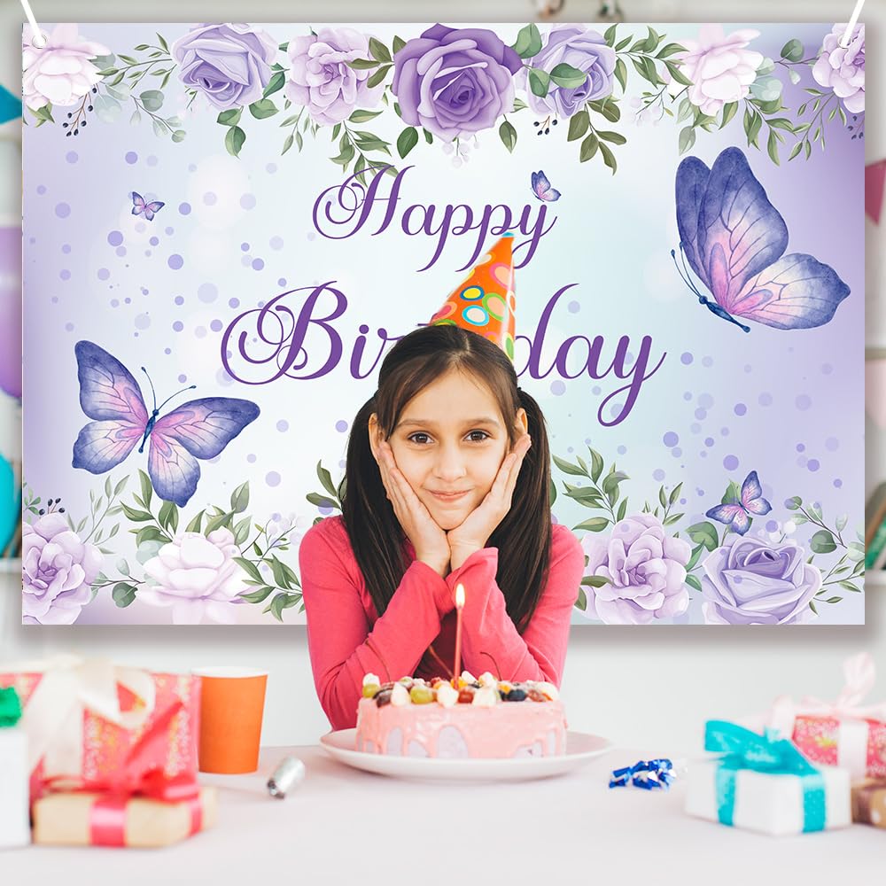 7x5Ft Purple Butterfly Happy Birthday Backdrop with Rose Flowers - Girls Birthday Party Decor, Cake Table Banner & Photography Background for Birthday Celebrations, Baby Showers & Special Events