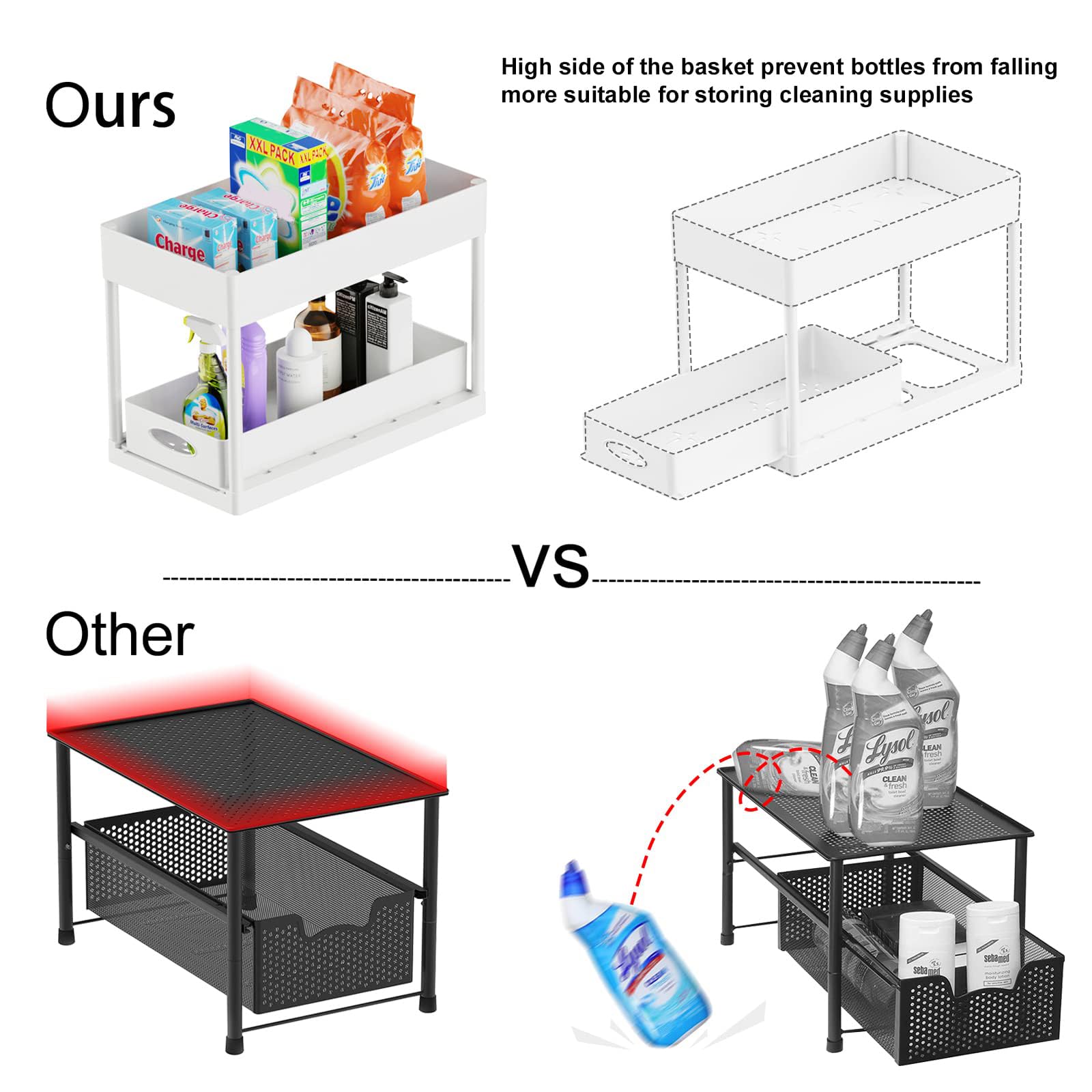 PUILUO 2-Tier Under Sink Organizer - White Sliding Cabinet Basket for Bathroom & Kitchen Storage - Perfect for Organizing Cleaning Supplies, Sponges & Toiletries Under Sink or in Cabinets