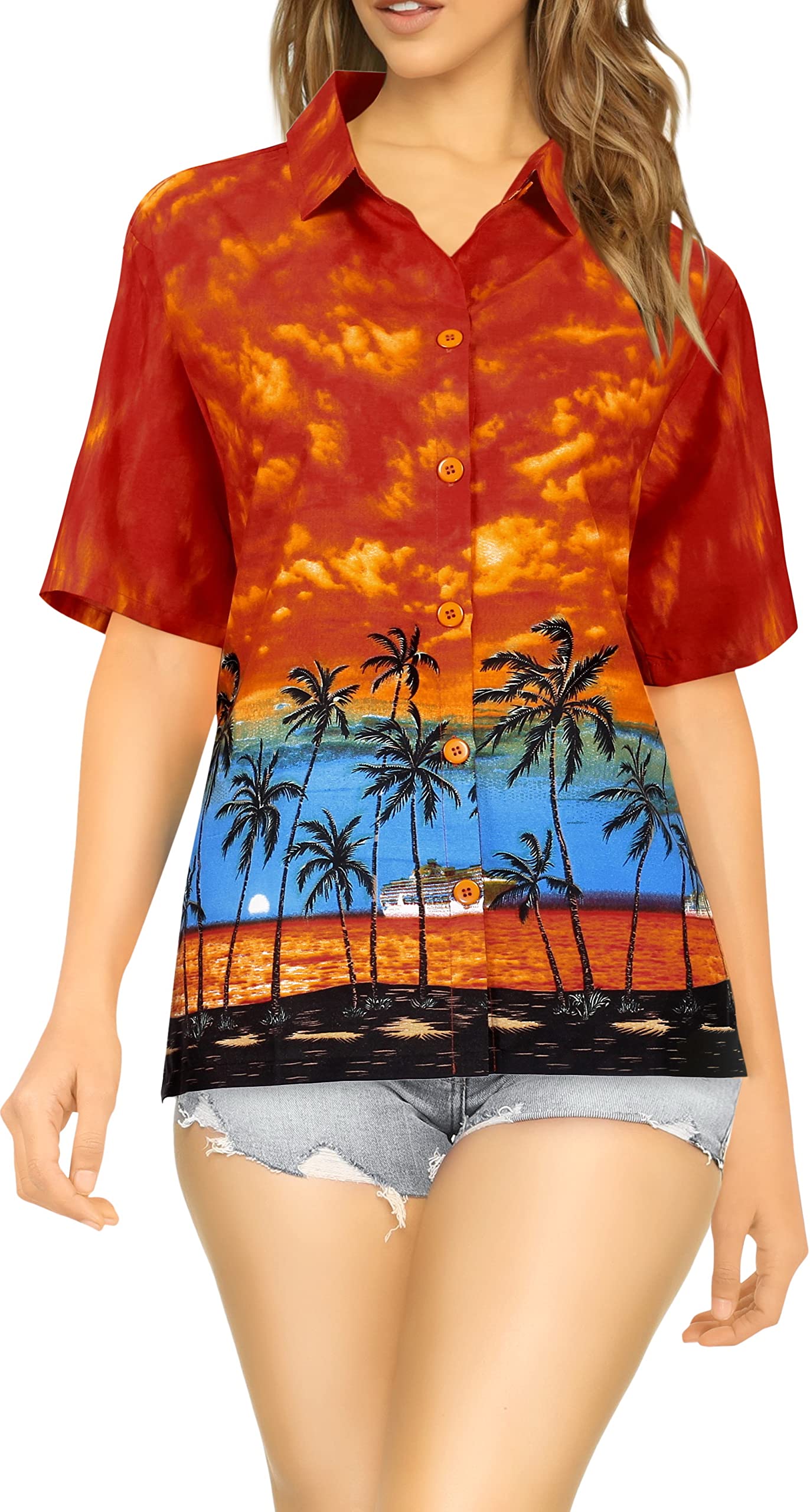 LA LEELA Women's Hawaiian Short Sleeve Beach Blouse - Floral Print Vacation Shirt for Summer, Pool Party & Tropical Getaway