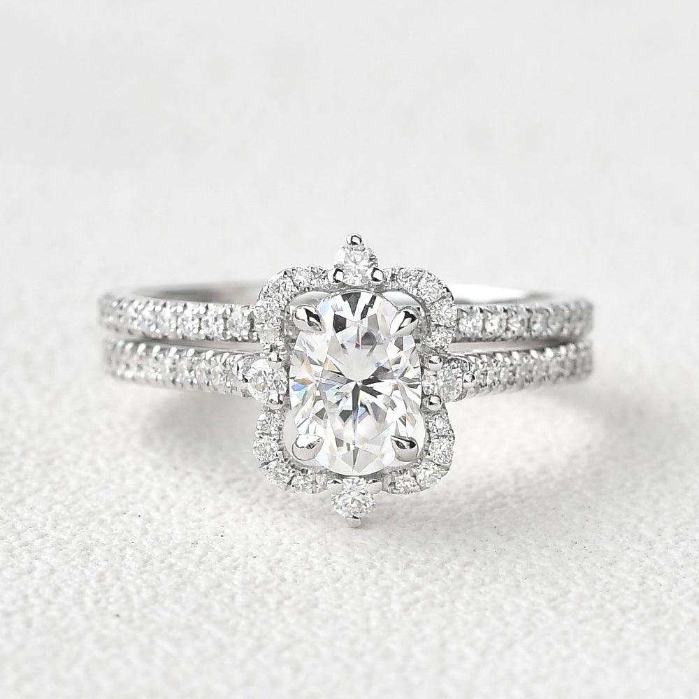 1.5 Carat Oval Moissanite Art Deco Cluster Ring Set - 2 Piece Wedding Bridal Ring Set for Engagement, Anniversary & Special Occasions
