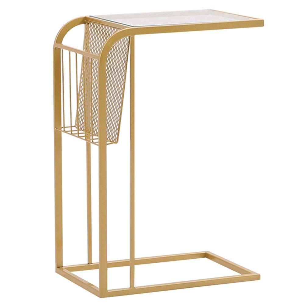 LXLA Gold Snack Couch Side Table with Storage - Steel Frame & Glass Top End Table for Small Spaces - Perfect for Living Room, Bedroom, or Office Use with Snacks, Drinks & Remote Control Storage