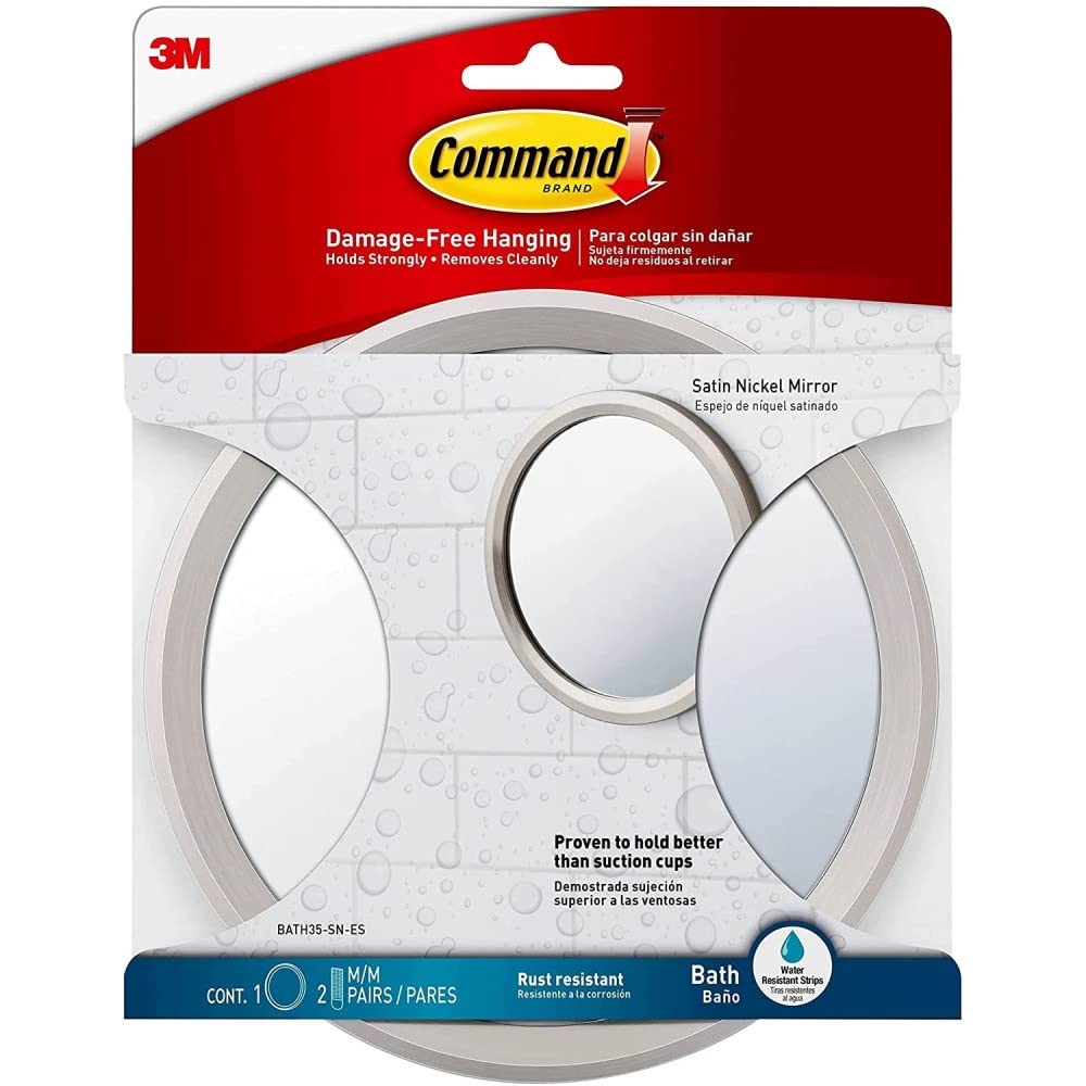 Command BATH35-SN-ES Bathroom Mirror with Adhesive Strips, 1 Pack, Satin Nickel Finish - Perfect for Bathroom Vanity, Shaving & Makeup Application