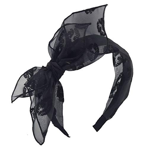 Women's Knotted Bow Headband - Solid Color Gauze Wide Headwrap with Rabbit Ears - Black Hair Accessory for Casual Wear, Parties & Special Occasions