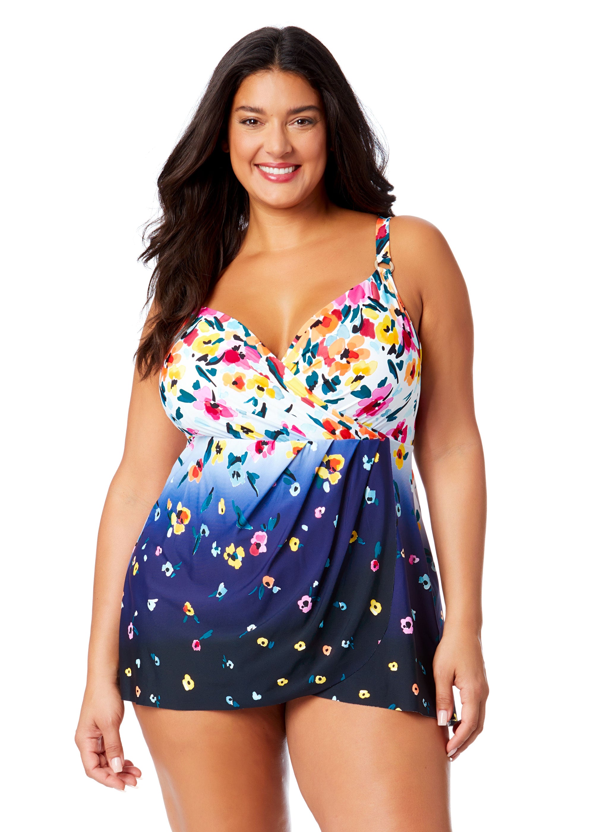 Plus Size Floral Print Swim Dress with Skirted Bottom - Women's Gradient Swimwear for Beach, Pool & Vacation