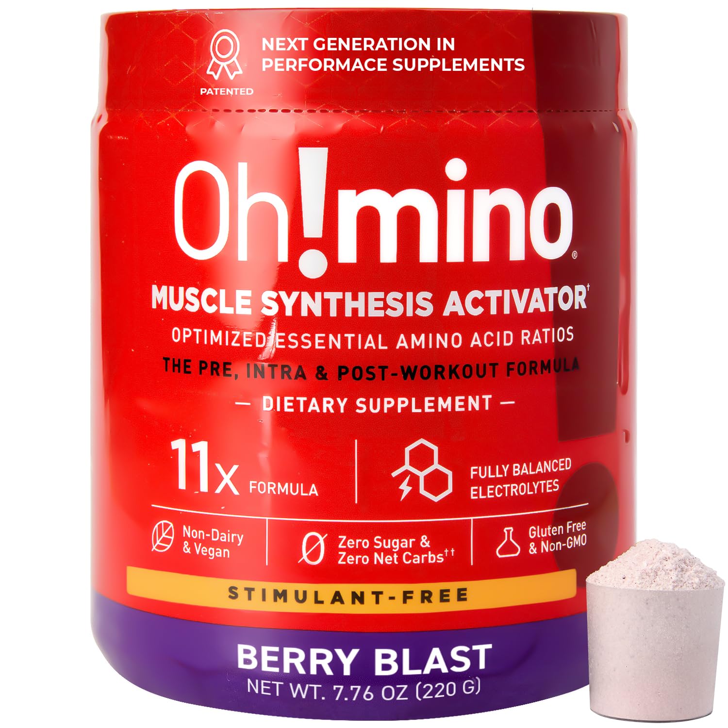 Oh!mino Amino Acids Powder - BCAAs Supplement for Muscle Gain, Pre & Post Workout Recovery - Vegan, Non Caffeine, Dairy Free, Zero Sugar & Low Carb - 40 Servings (Berry Blast) - Perfect for Gym, Fitness & Bodybuilding Training