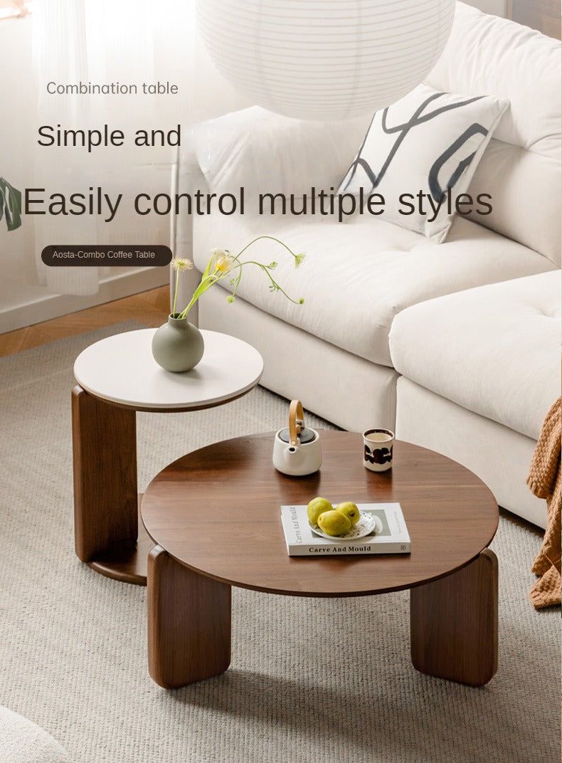 Solid Black Walnut Wood Round Slate Coffee Table - Rustic Modern Living Room Furniture for Home Decor & Tea Time Relaxation