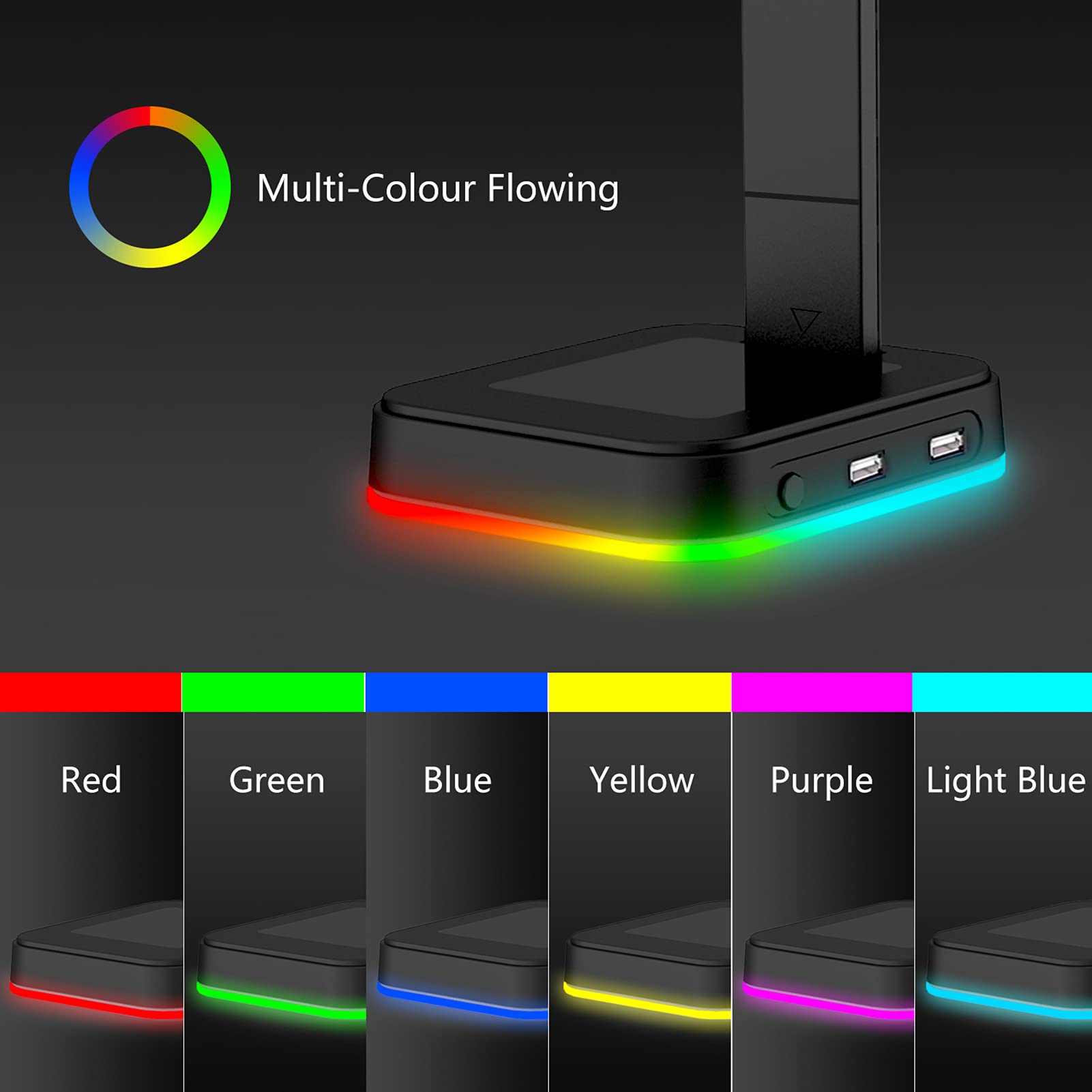 Irishom RGB Gaming Headset Stand with 2 Lighting Modes & Dual USB Ports - Headphone Holder for PC, PS5, Xbox - Perfect for Gaming Setup & Office Desk Accessories
