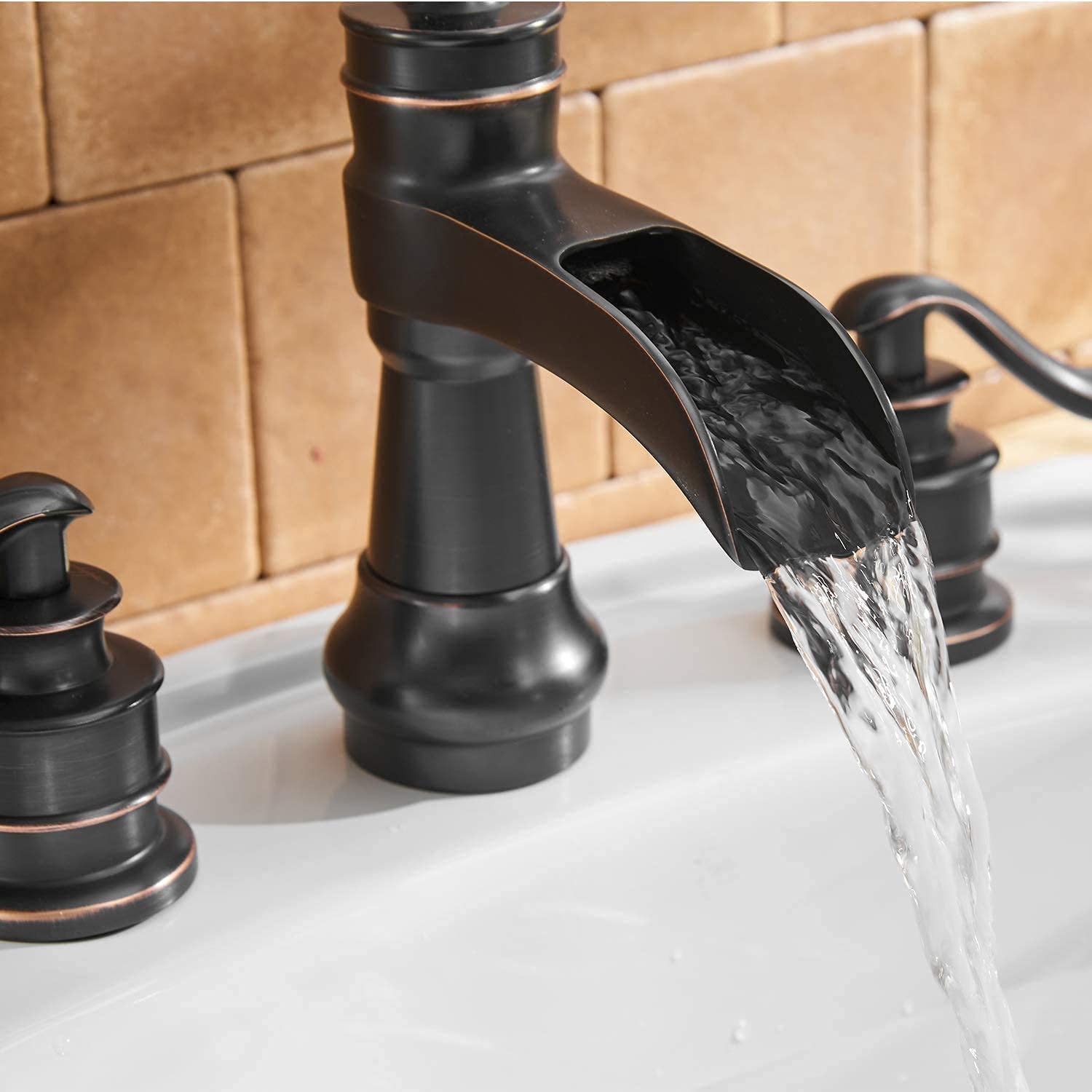 8 Inch Widespread Bathroom Sink Faucet - Oil Rubbed Bronze Two Handle Farmhouse Waterfall Design with Pop-Up Drain Stopper, Lead-Free Commercial Supply Lines - Perfect for Vanity, Guest Bath & Rustic Home Decor