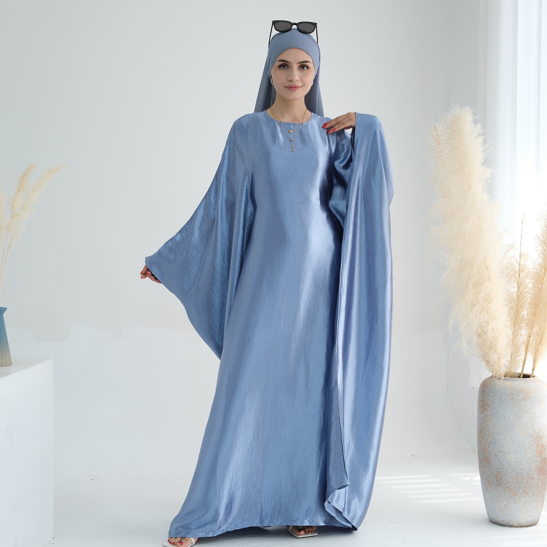Elegant Blue Butterfly Satin Abaya Dress for Women - Modest Islamic Prayer Dress & Special Occasion Wear