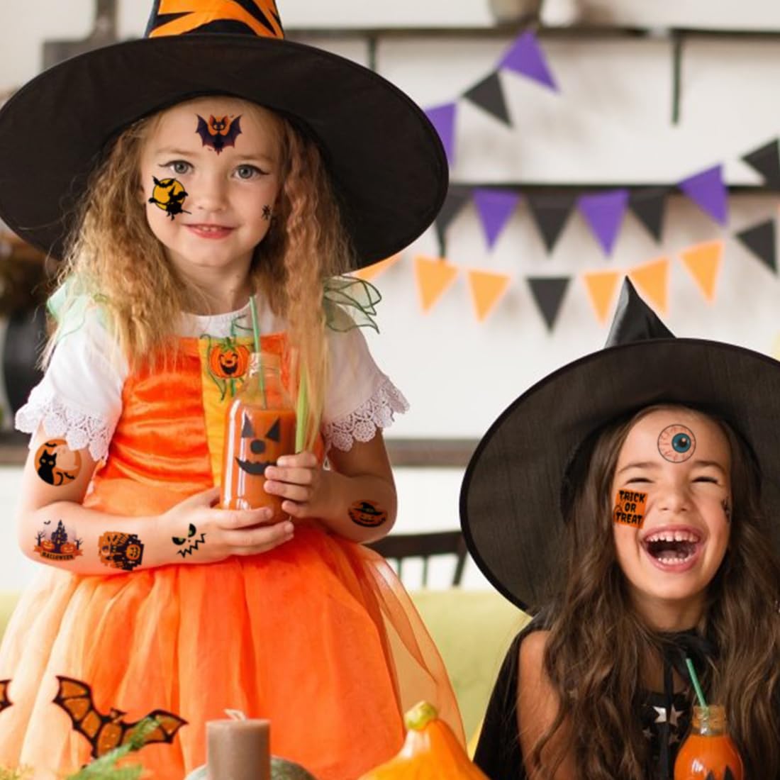 Halloween Temporary Tattoos for Kids - 74 Sheets of Pumpkin, Bat & Skeleton Tattoos - Perfect for Halloween Parties, Goodie Bags & Costume Accessories - Safe & Fun Body Art for Boys & Girls
