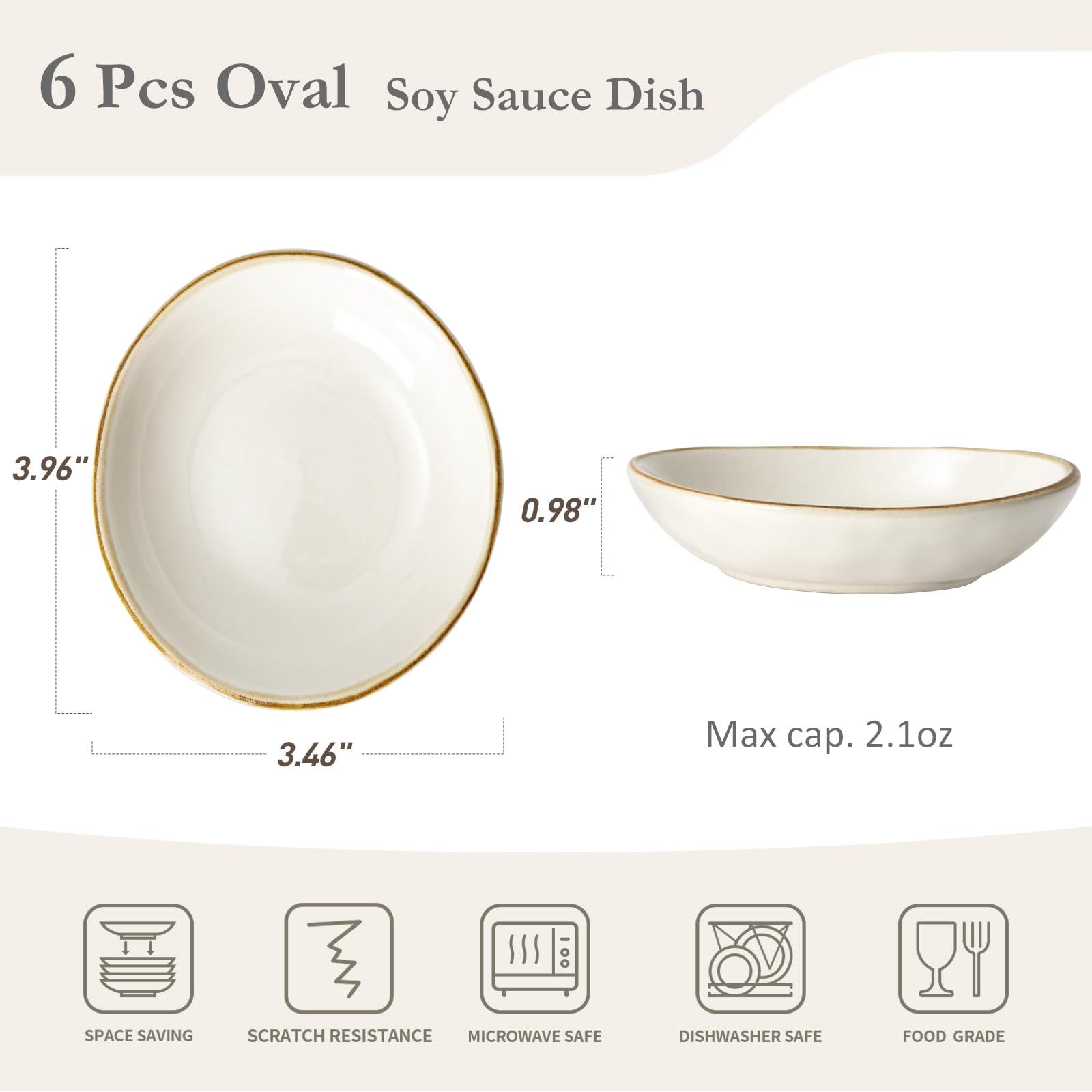 Famiware 6-Piece Oval Ceramic Soy Sauce Dishes - 2.1oz Small Dipping Bowls for Sushi, Appetizers, Snacks | Vanilla White | Dishwasher Safe | Perfect for Japanese Cuisine, Asian Restaurants & Home Kitchens