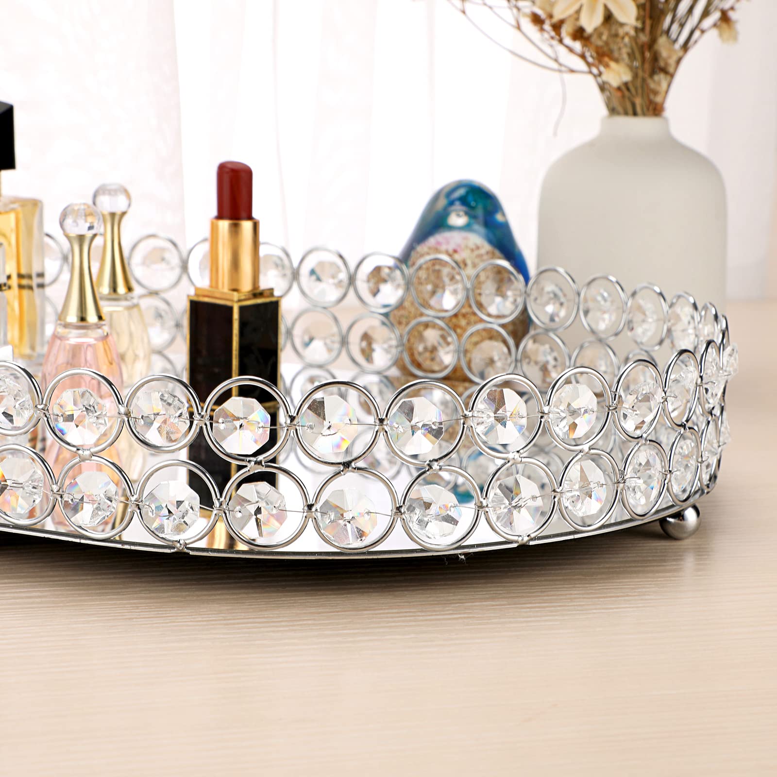 Hipiwe Large Crystal Vanity Tray - Mirrored Dresser Perfume & Makeup Organizer for Jewelry, Cosmetics & Skin Care Storage | Elegant Bathroom Countertop & Home Decor Accessory | Perfect for Bedroom, Dresser & Vanity Table Organization