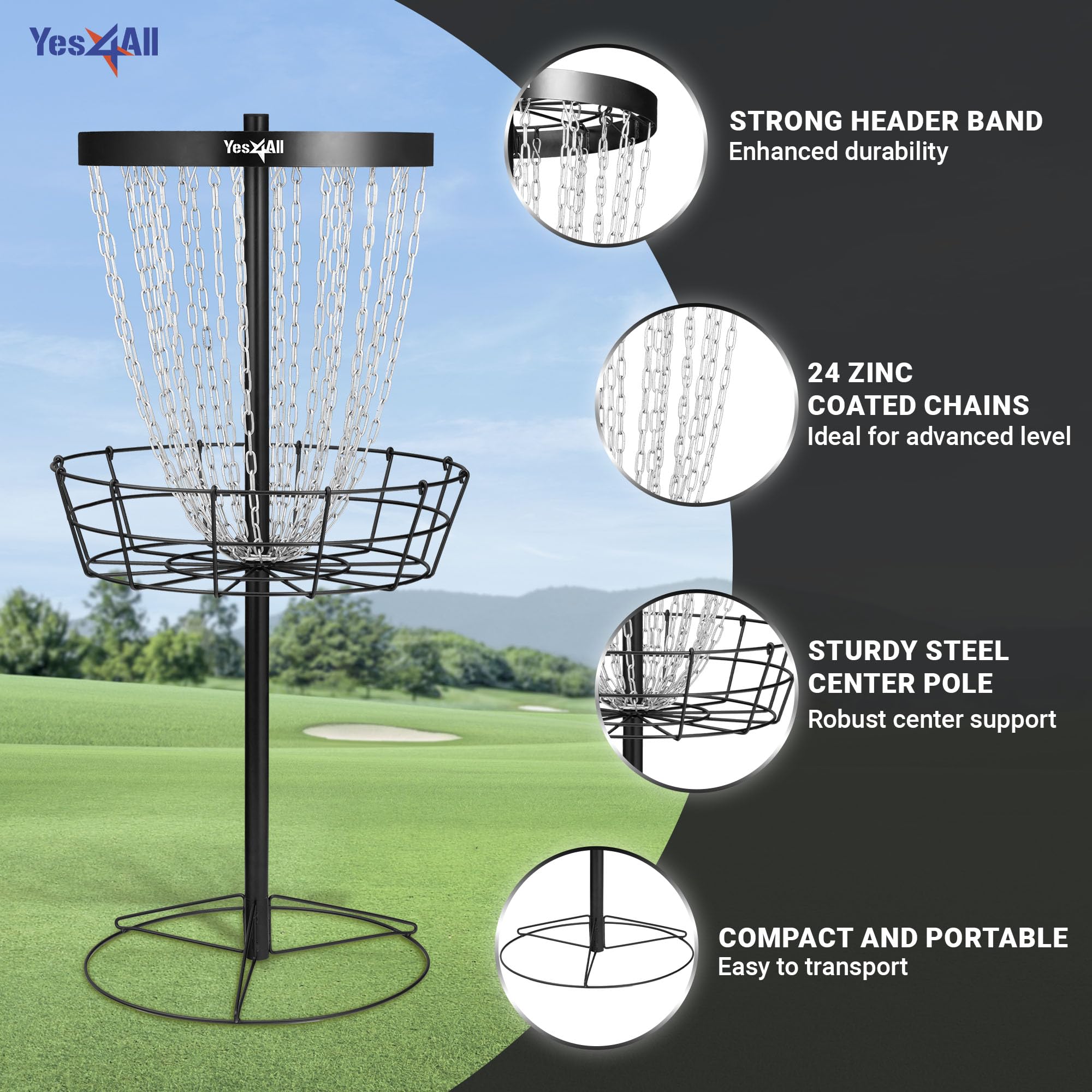 **Yes4All PRO Portable Disc Golf Basket - Heavy-Duty 24-Chain Frisbee Golf Target for Professionals | Durable & Portable Disc Golf Set for Backyard, Park & Tournament Training**