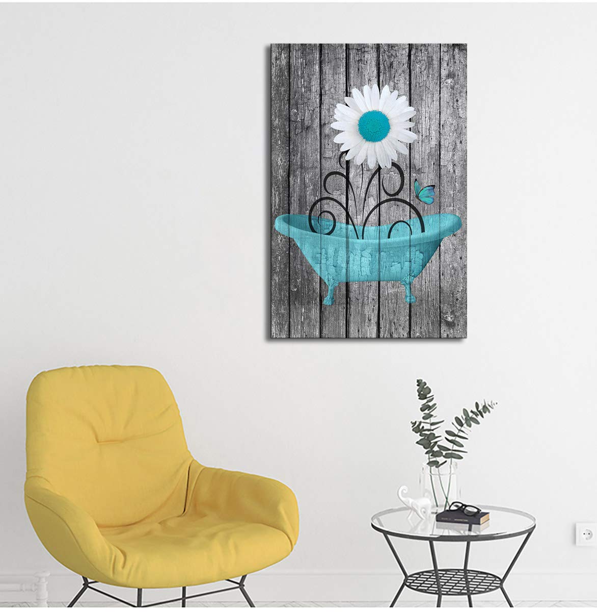 Modern Daisy Canvas Wall Art - Rustic Wood Background Framed Flower Painting 16x24 Inch - Ready to Hang Bathroom, Bedroom, Living Room & Office Decor - Blue Floral Artwork for Home & Spa Relaxation