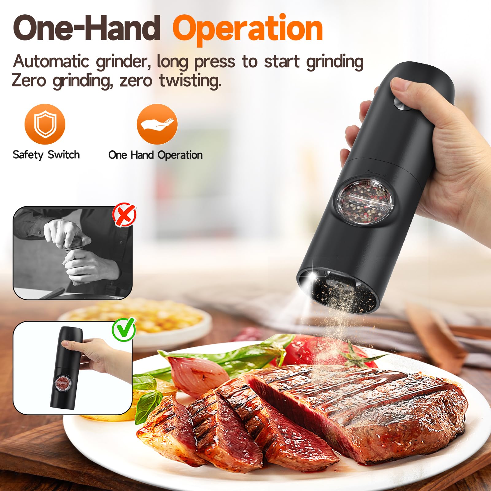 Electric Salt and Pepper Grinder Set (2 Pack) - USB Rechargeable, One-Hand Operation, Adjustable Coarseness with LED Light - Perfect for Kitchen, Dining & Gifts - Automatic Spice Mill for Cooking, BBQ & Home Use