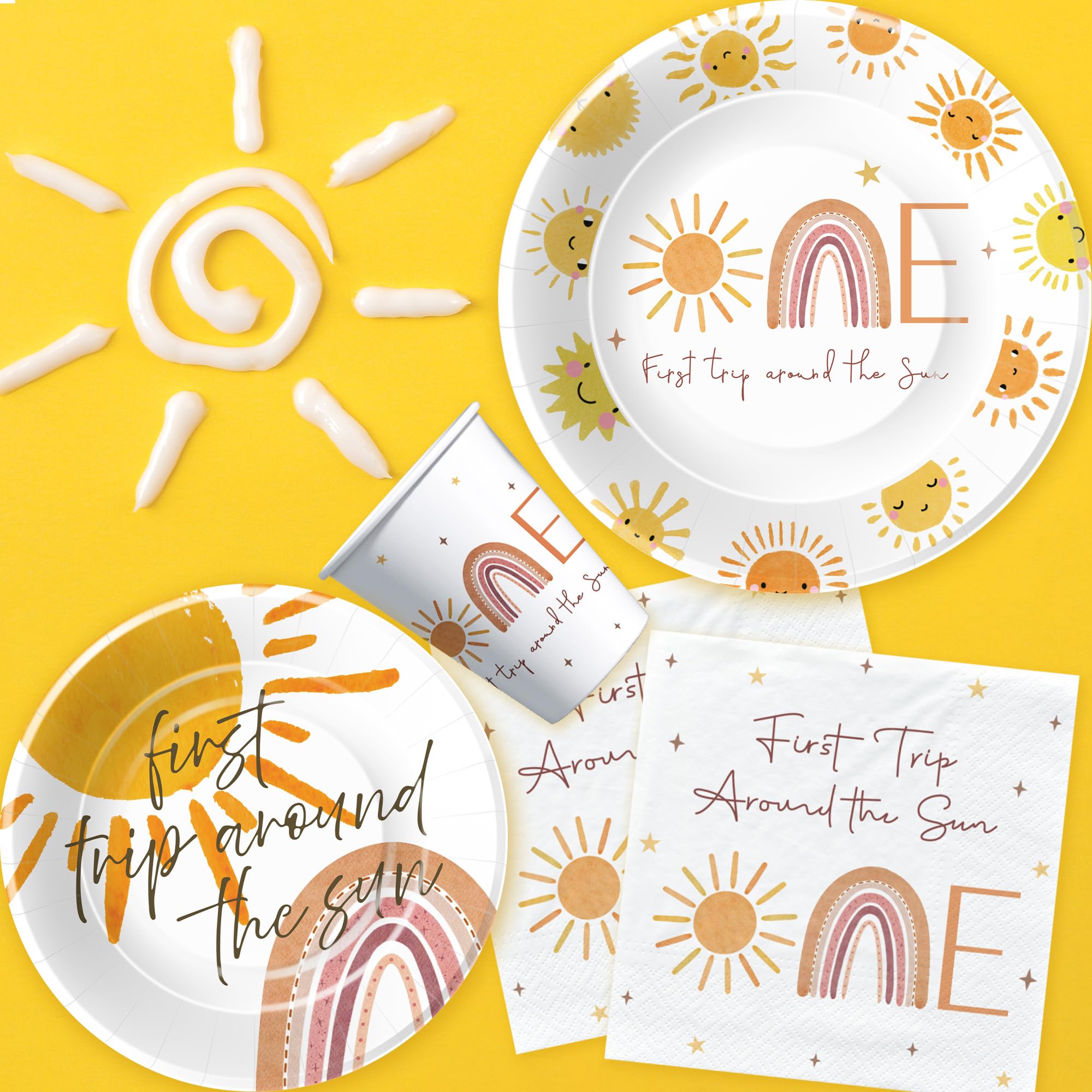 Boho Sunshine 1st Birthday Party Supplies Set - Plates, Cups, Napkins & Table Decor for Baby's First Trip Around The Sun Celebration | 24-Piece Dinnerware Kit for Boho-Themed First Birthday Parties & Milestone Celebrations