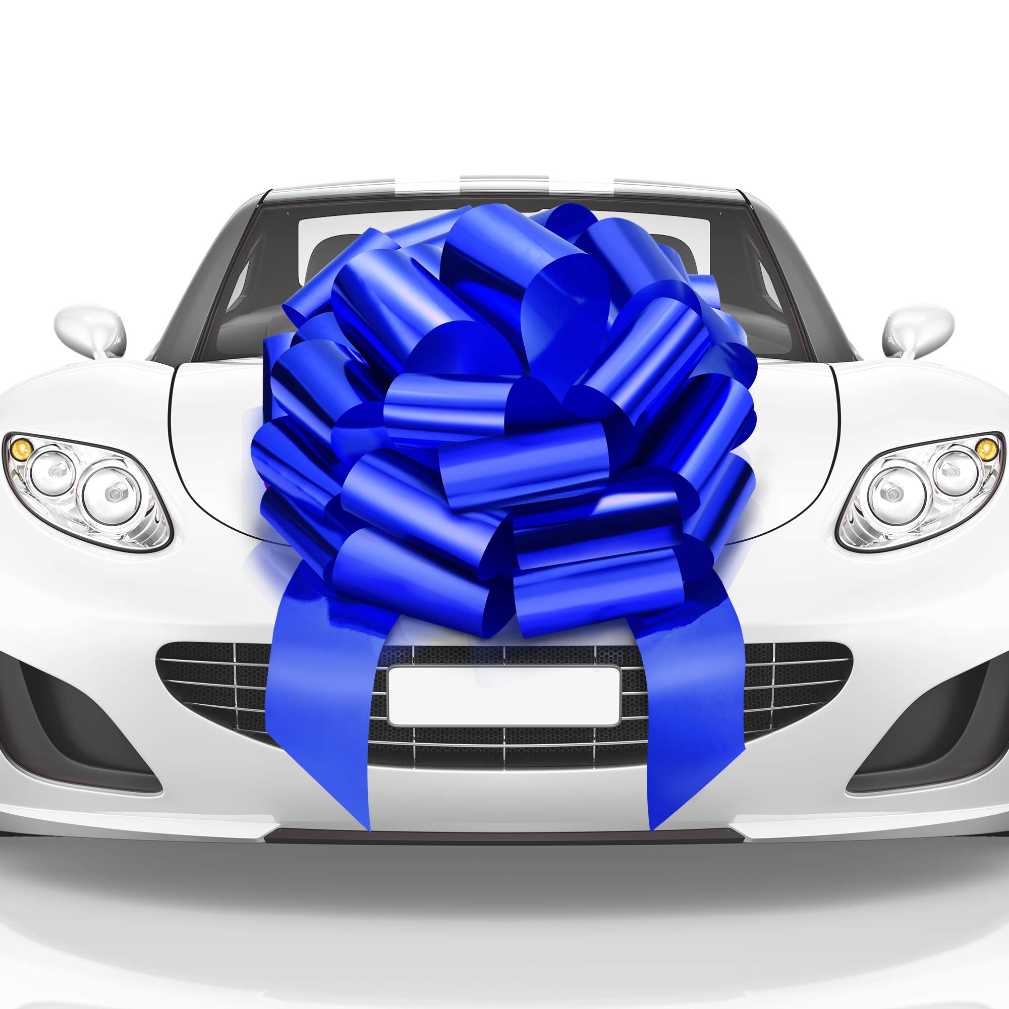 Large 23 Inch Blue Car Bow - Giant Gift Wrapping Bow for Cars, Trucks & Vehicles - Extra Big Decorative Bow for Indoor & Outdoor Use - Includes 26 Loops & 4 Stickers - Perfect for Birthday, Wedding, Graduation & Surprise Gift Decorations