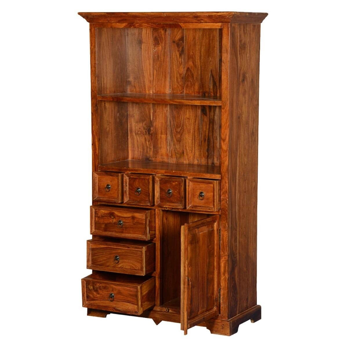 Rustic Wood Bookcase with Doors & Drawers - Gainesville 2 Open Shelf Storage Unit for Living Room, Bedroom, or Home Office