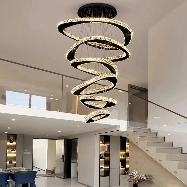 Twisted Ring LED Chandelier Light Fixture - Modern Crystal Ceiling Light for Dining Room, Living Room, Bedroom | Dimmable Hanging Pendant Lamp for High Ceilings, Hallways & Entryways