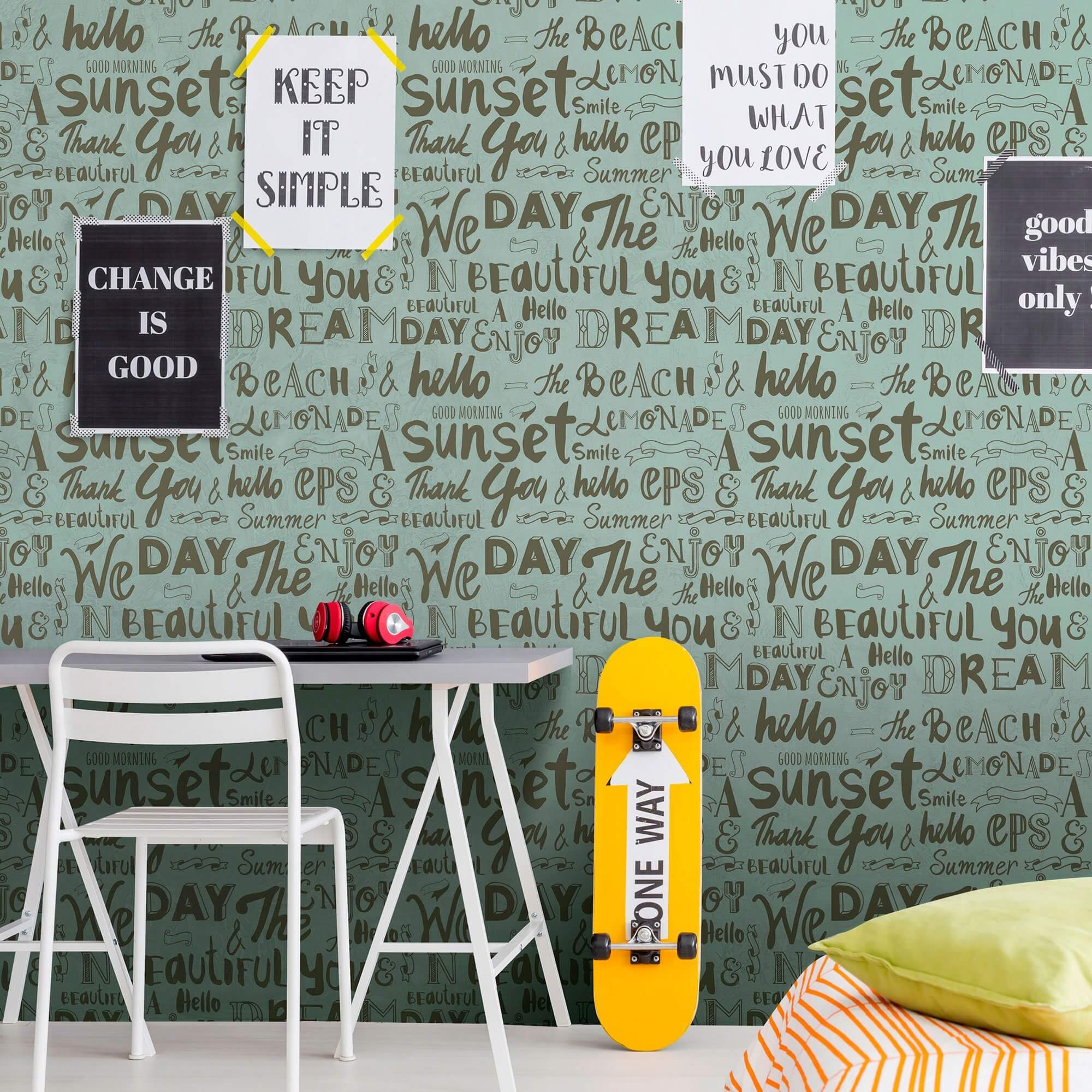 Green Handwriting Teens Peel and Stick Removable Wallpaper 5412 - Self-Adhesive Decorative Wall Covering for Bedroom, Dorm & Kids Room Decor