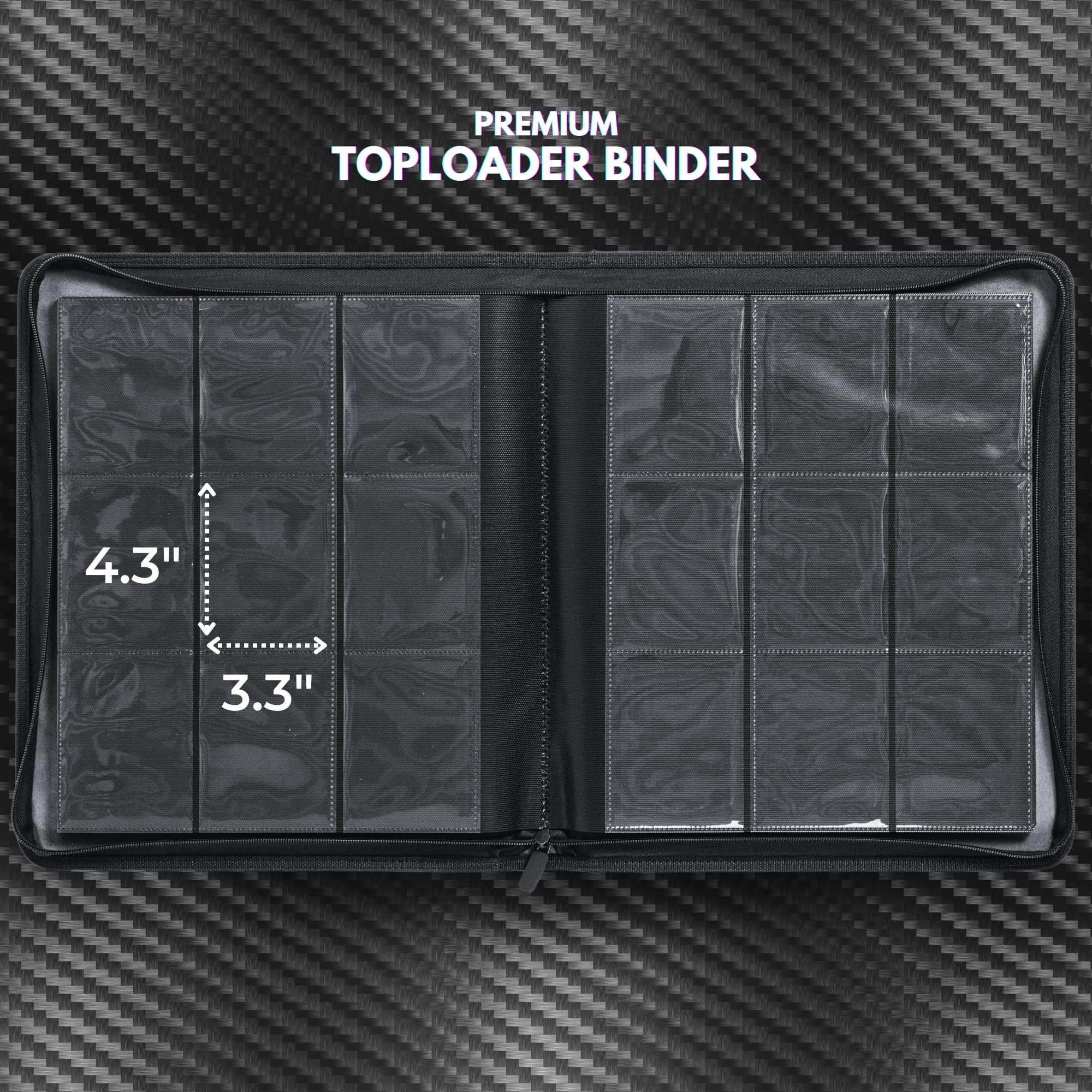 FORZAROCKET Toploader Binder - Holds 288 Trading Cards in Toploaders, Waterproof PU Leather Card Binder with Ringless Double-Sided Pages & Archival Safe Pockets - Premium 9-Pocket Carbon Black Collector Album for Sports Cards, Pokemon, MTG (Ideal for Card Shows, Storage & Travel)