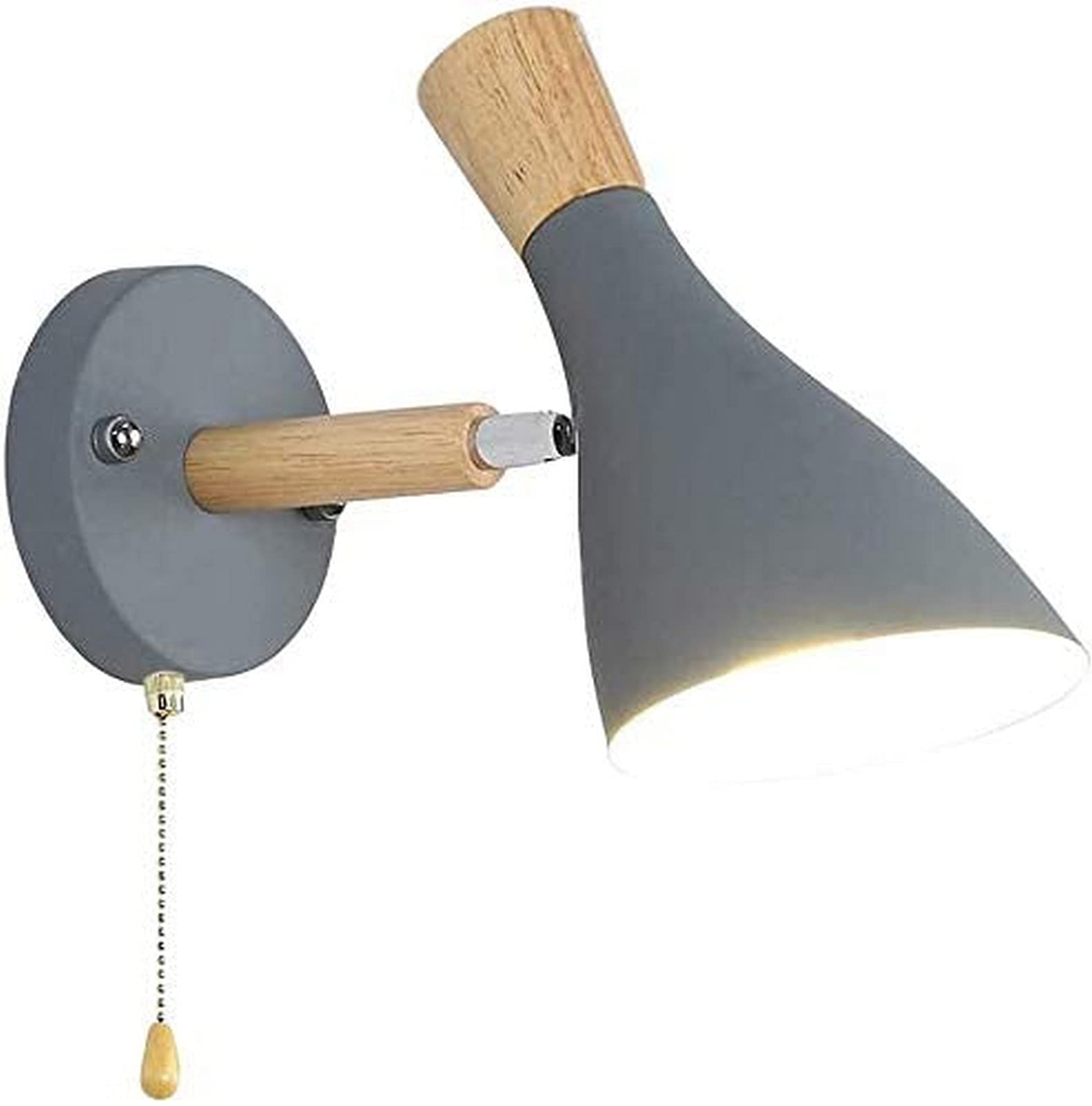 Nordic Modern Adjustable Wall Lamp with Iron and Wood Shade - Pull Chain Switch Wall Sconce for Bedroom, Study, Living Room - Gray Finish | Perfect for Ambient Lighting & Home Decor