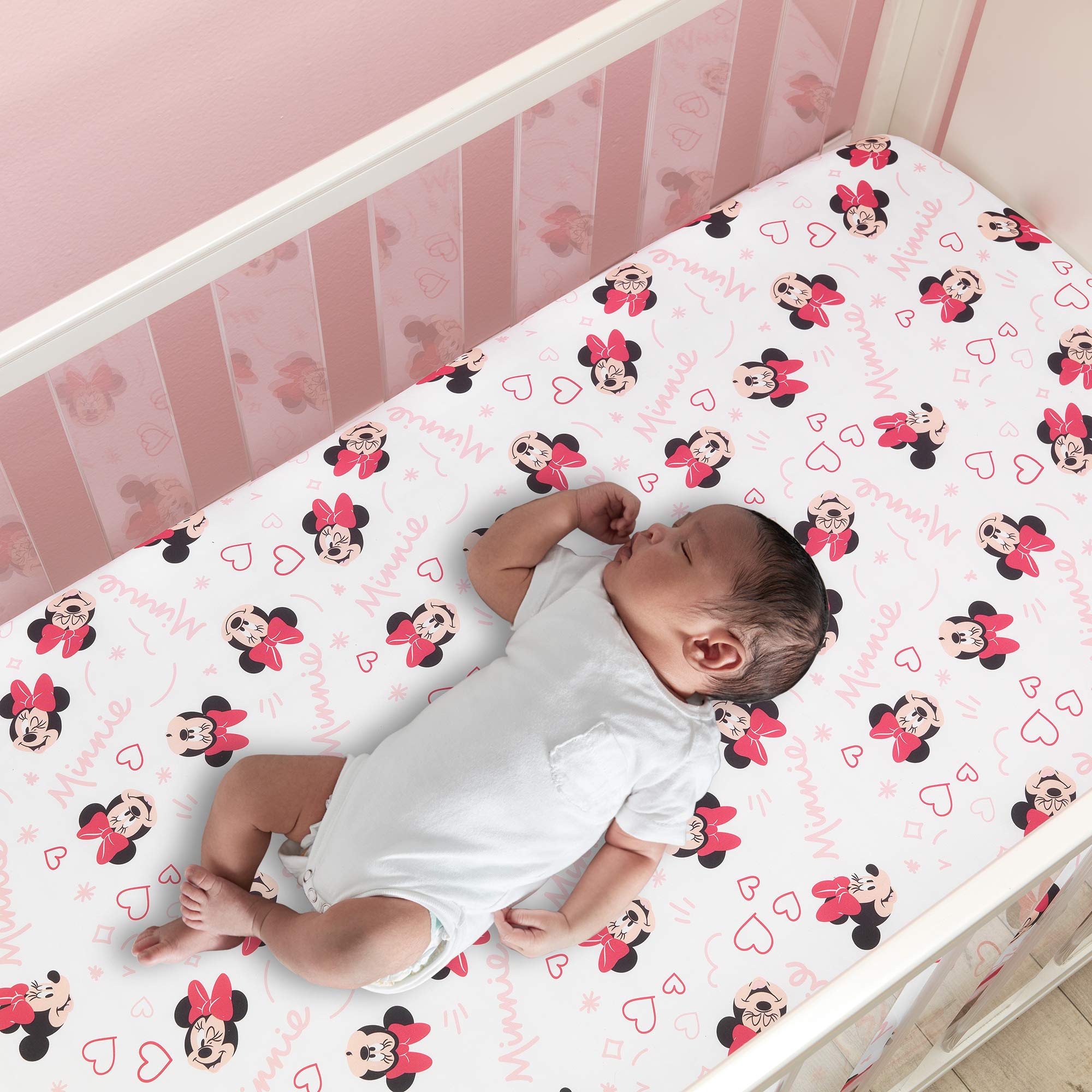 Disney Baby Minnie Mouse Love 3-Piece Pink Nursery Crib Bedding Set - Soft Crib Sheet, Blanket & Skirt for Girls' Room Decor | Perfect for Baby Showers & Nursery Themes
