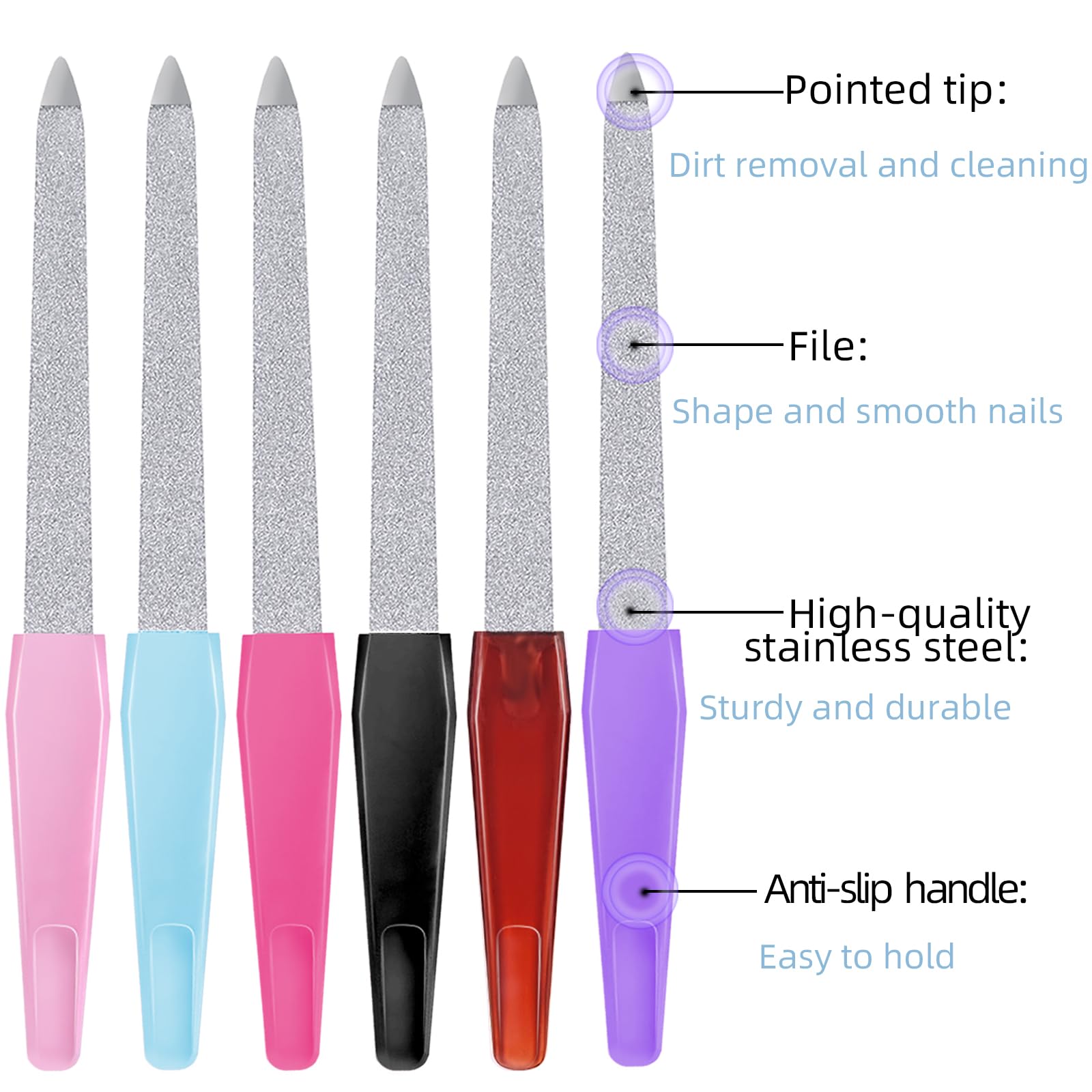 6Pcs Stainless Steel Diamond Nail Files Set - Professional Metal Nail Buffer with Sharp Tip & Non-Slip Handle for Salon, Home & Travel Use - Perfect for Manicures, Pedicures & Nail Art (Colorful)