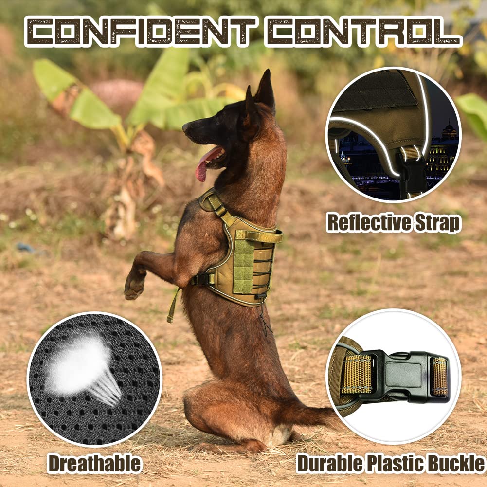 **Tactical Dog Harness No Pull Adjustable for Small Medium Large Dogs - Reflective Pet Vest for Training & Easy Control - Perfect for Outdoor Hiking, Running & Working (Size L: Neck 20-30
