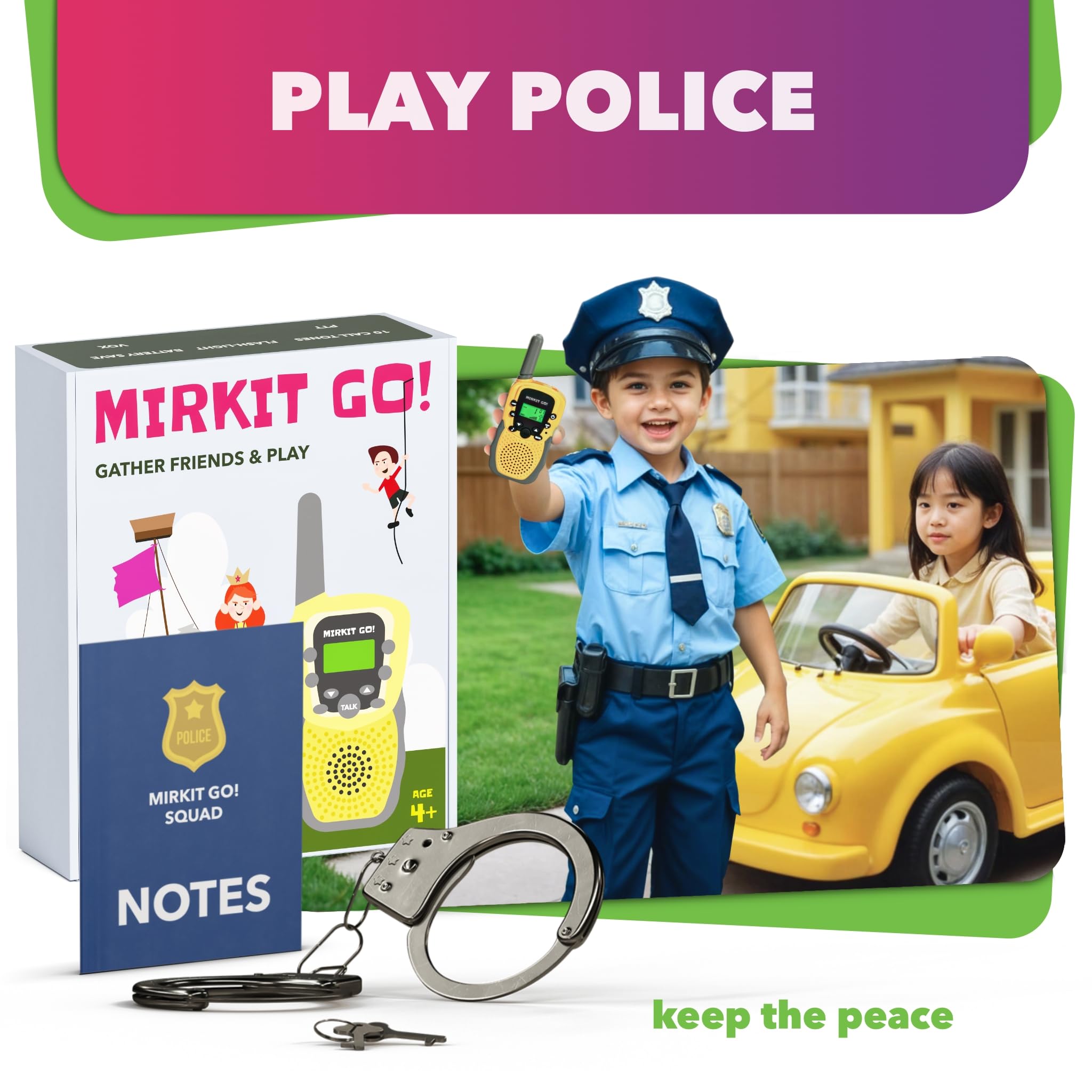 MIRKIT GO! Game: 2-Pack Kids Walkie Talkies with 4 Outdoor Backyard Games - Scavenger Hunt, Capture The Flag, Police & Hide and Seek | Fun Yard Games for Kids & Adults | Includes Free Handcuffs | Perfect for Family Camping, Birthday Parties & Outdoor Adventures