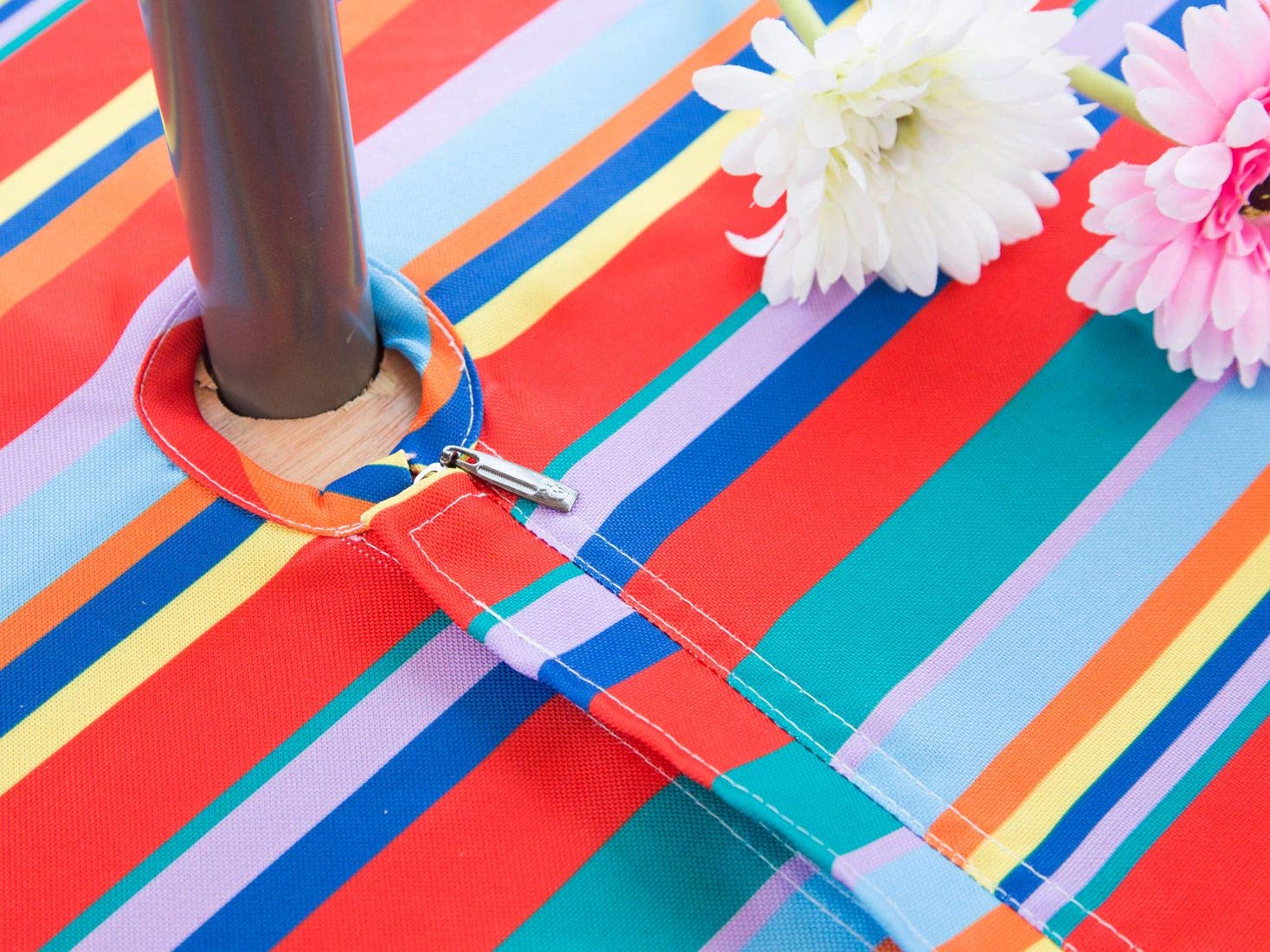 Waterproof Rainbow Mexican Outdoor Tablecloth with Umbrella Hole - 52x70 Inch Rectangle Picnic Table Cover for Spring Parties, Patio Dining & Camping - Color Stripe Design (Zipper Closure)