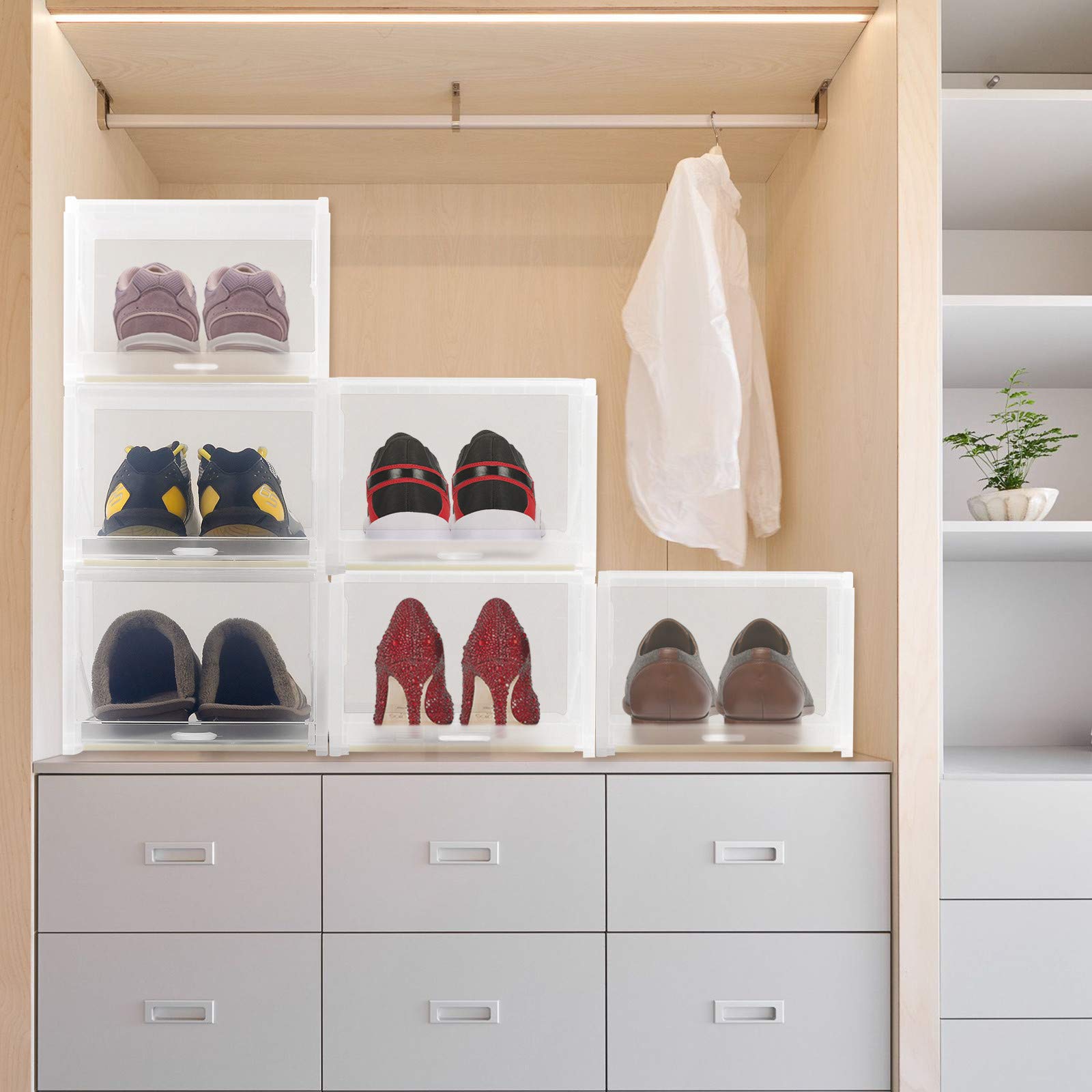 6-Pack Stackable Clear Plastic Shoe Storage Boxes with Push-Pull Drawers & 120° Lids - Transparent Shoe Organizer for Closet, Entryway, Sneaker Cabinet - Perfect for Home, Dorm, Office & Travel Shoe Organization