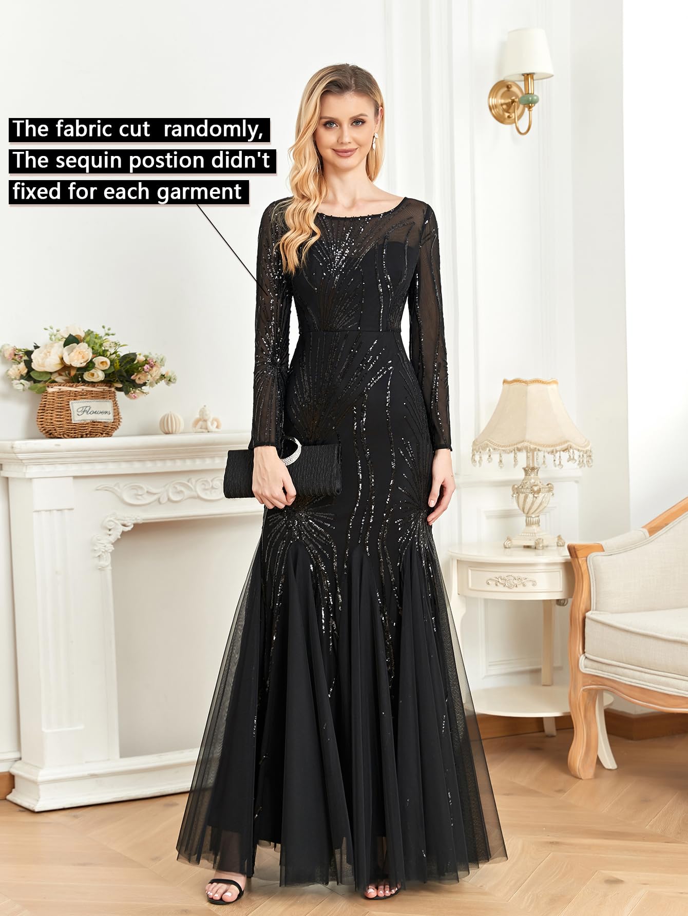 Elegant Long Sleeve Sequin Evening Dress - Sparkly Glitter Mermaid Gown for Wedding Guest, Mother of The Bride & Special Occasions | Perfect for Black Tie Events, Galas & Formal Parties