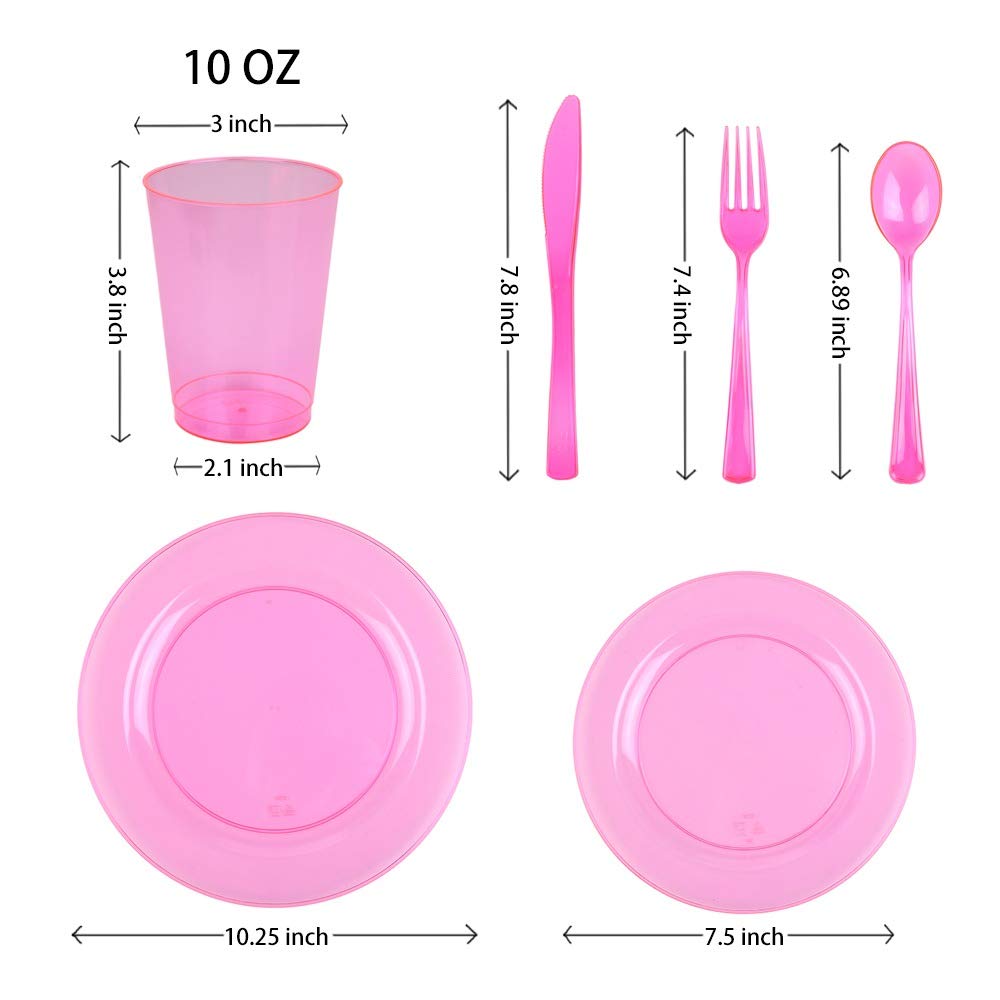 150-Piece Pink Plastic Party Tableware Set - 25 Dinner Plates, 25 Salad/Dessert Plates, 25 Forks, 25 Spoons, 25 Knives & 25 Cups | Reusable Disposable Neon Party Supplies for Birthdays, BBQs & Outdoor Events