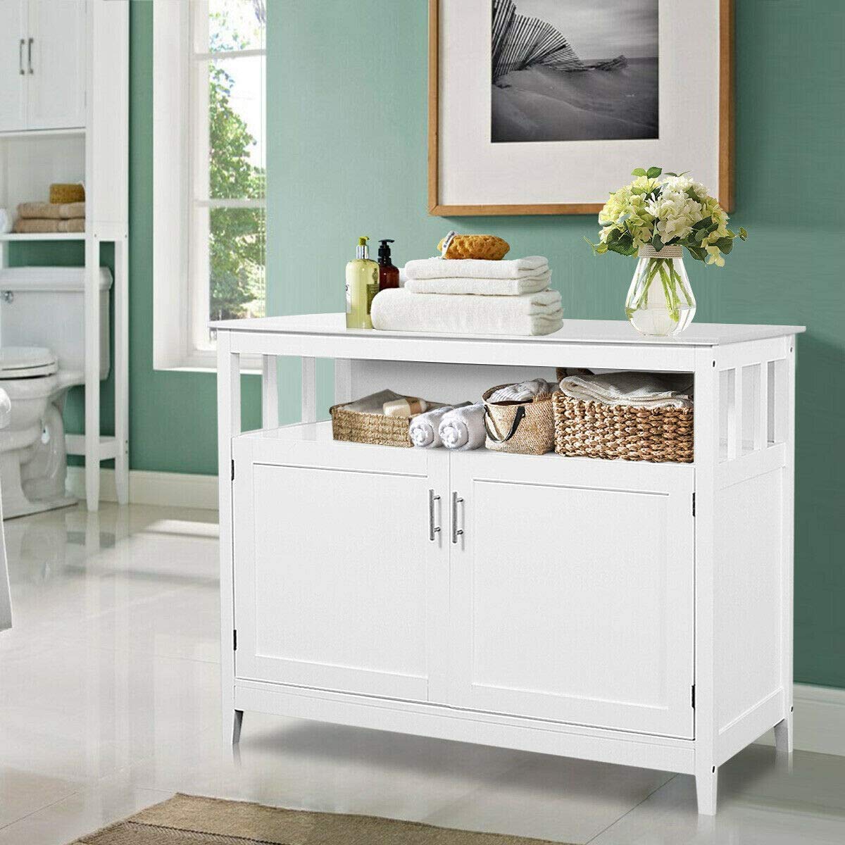 White Kitchen Storage Sideboard Buffet Cabinet with Adjustable Open Shelves - Space Saving Furniture for Kitchen, Dining Room & Living Room Organization | Perfect for Small Apartments & Home Decor